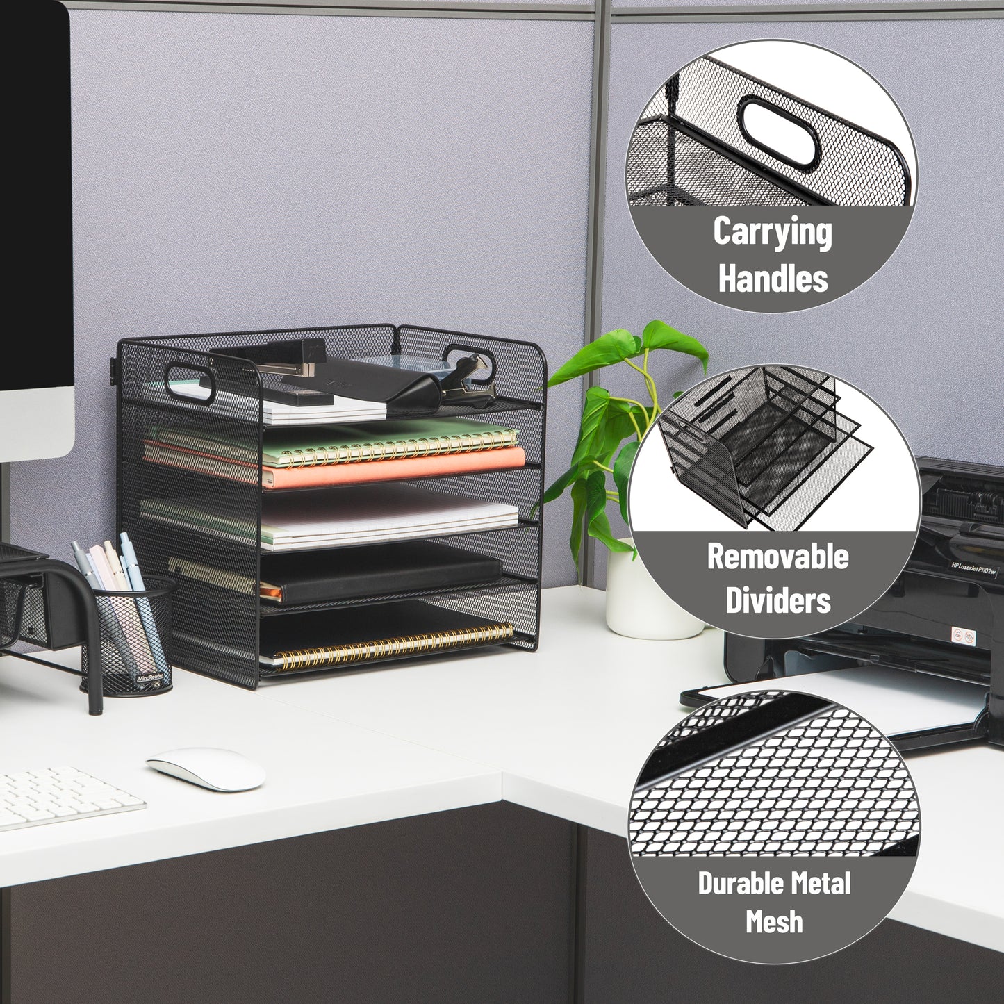 Mind Reader 5 Tier Paper Tray Desktop Organizer, Removable Shelves, Cut-Out Handles, Tool-Free Assembly, Metal Mesh, Black