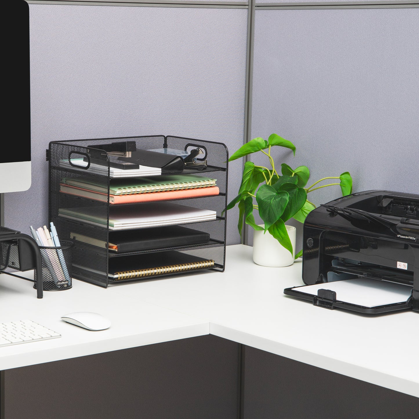 Mind Reader 5 Tier Paper Tray Desktop Organizer, Removable Shelves, Cut-Out Handles, Tool-Free Assembly, Metal Mesh, Black