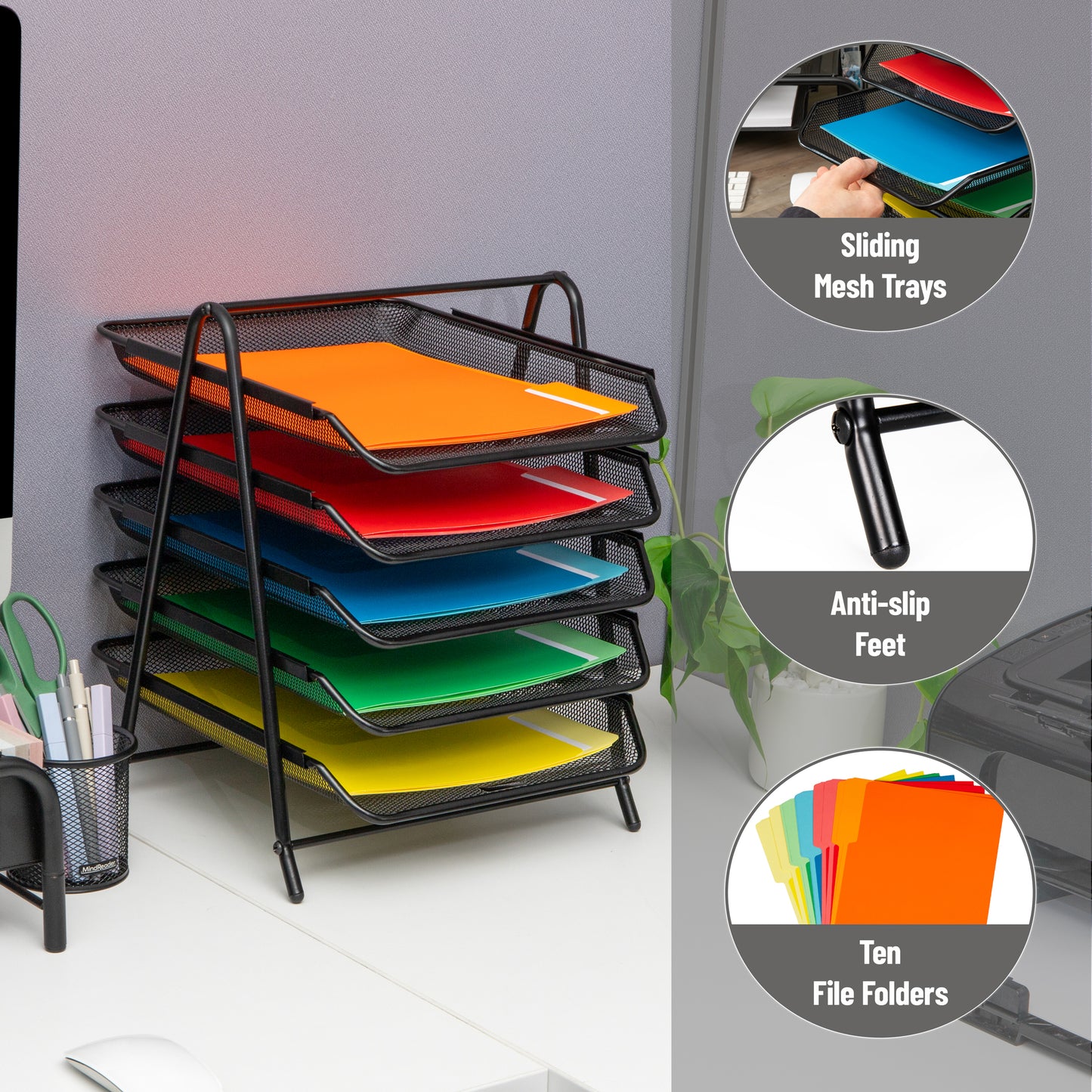 Mind Reader Paper Tray and File Folder Set, Desktop Organizer, Storage, Office, Metal Mesh, Black