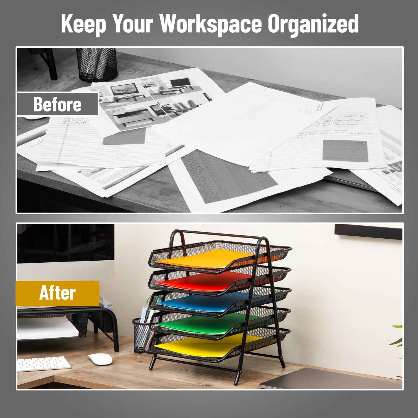 Mind Reader Paper Tray and File Folder Set, Desktop Organizer, Storage, Office, Metal Mesh, Black