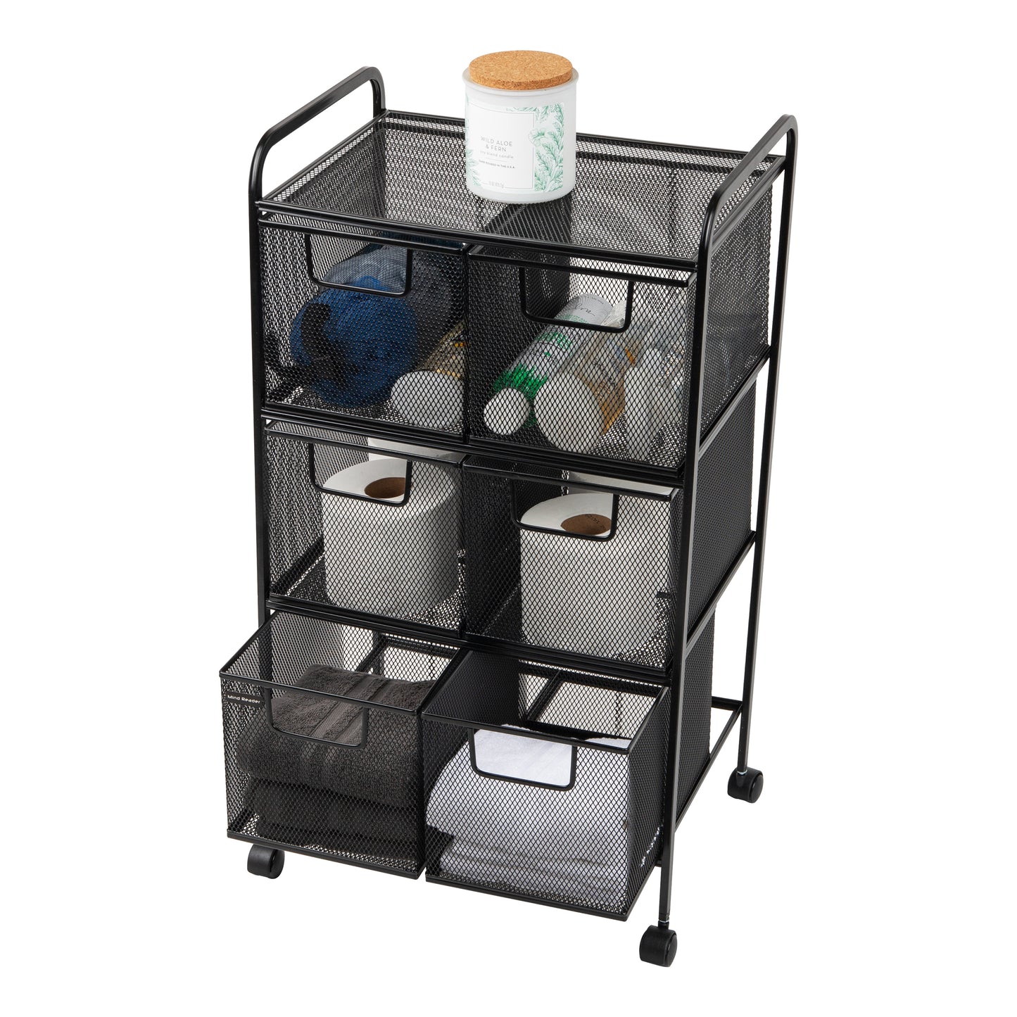 Mind Reader Cart with Drawers, Laundry Organizer, Utility Cart, Bathroom, Kitchen, Metal Mesh, Black