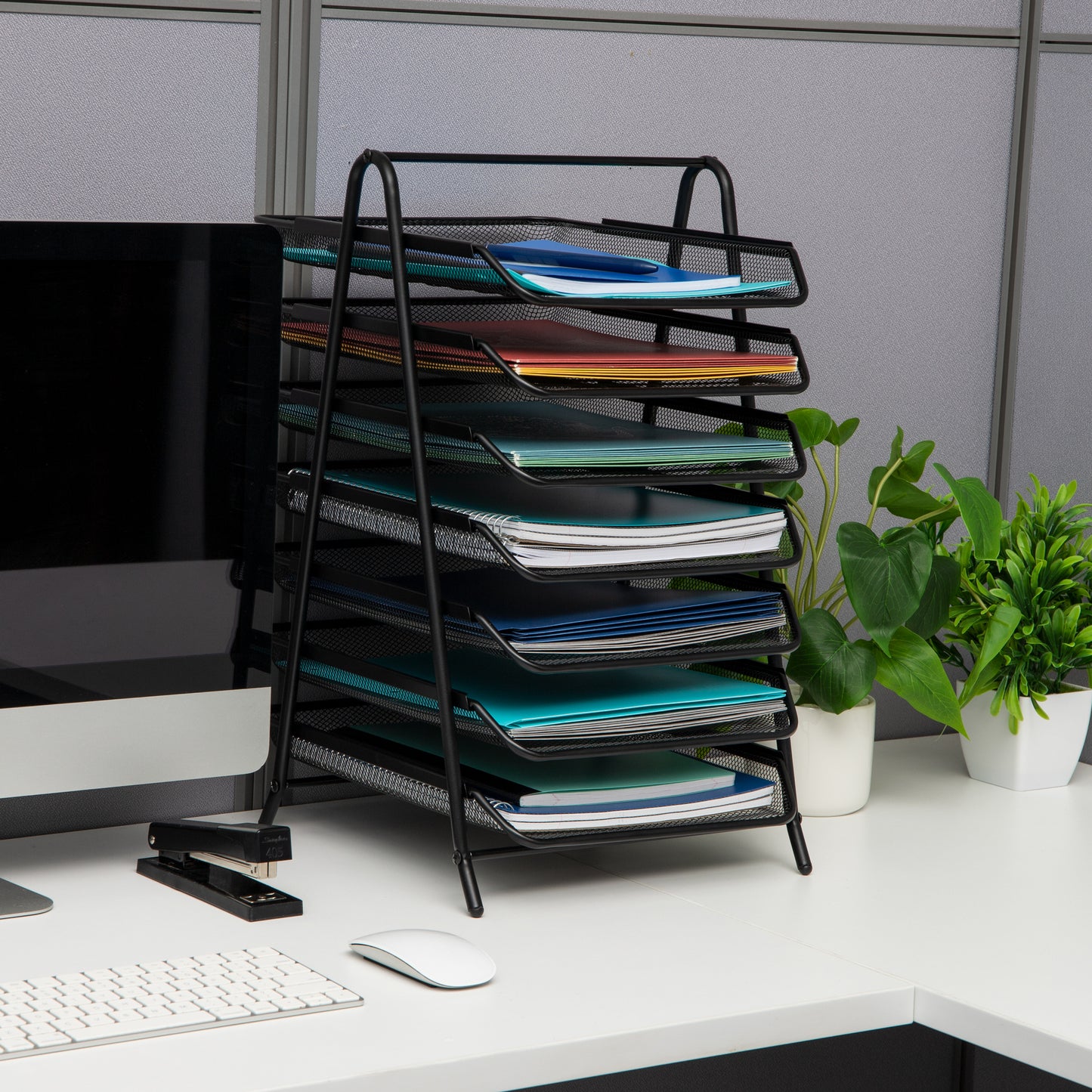 Mind Reader 7-Tier Paper Tray, Desktop Organizer, File Storage, Office, Metal Mesh, 11.75"L x 13.75"W x 20"H, Black
