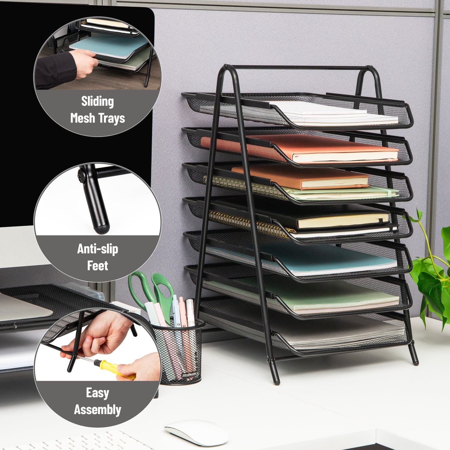 Mind Reader 7-Tier Paper Tray, Desktop Organizer, File Storage, Office, Metal Mesh, 11.75"L x 13.75"W x 20"H, Black