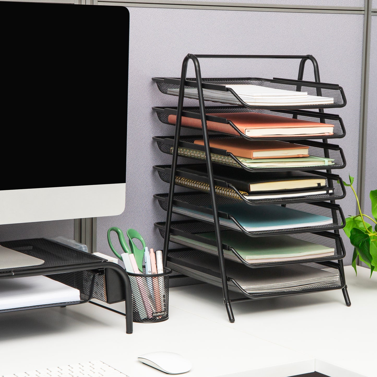 Mind Reader 7-Tier Paper Tray, Desktop Organizer, File Storage, Office, Metal Mesh, 11.75"L x 13.75"W x 20"H, Black
