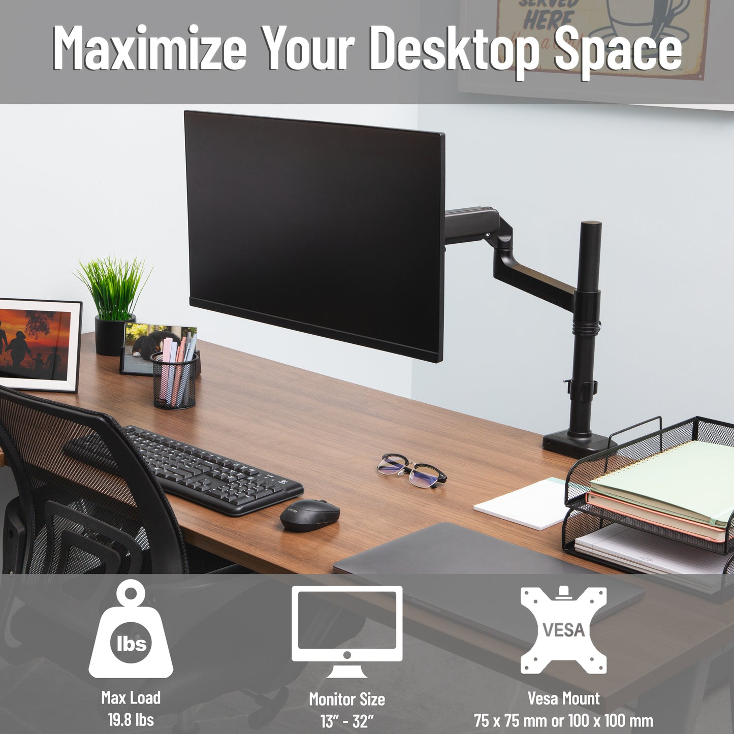 Mind Reader Single Monitor Arm for 13–32 Inch Screens, Gas Spring VESA Desk Mount, 180° Rotation, ±180° Swivel, ±65° Tilt, Integrated Cable Management, Holds up to 19.8 lbs, Black