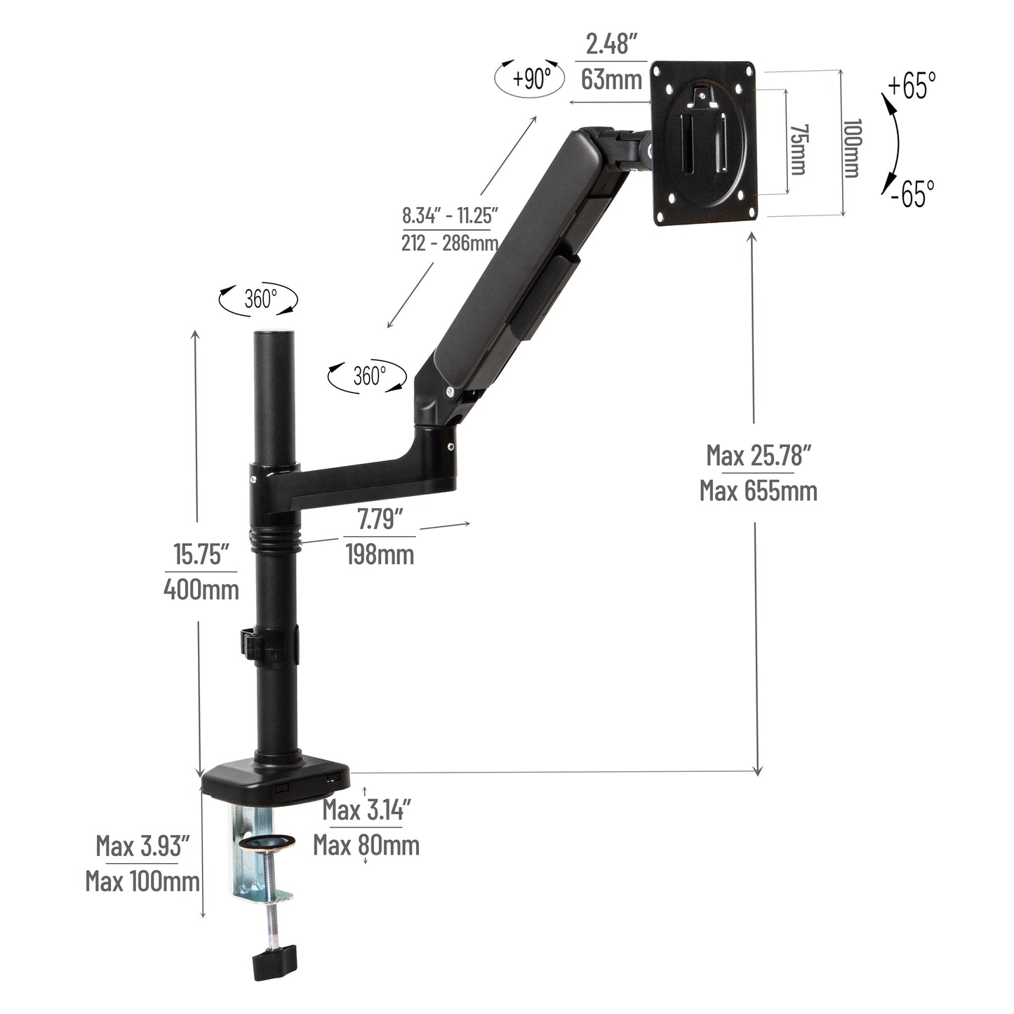 Mind Reader Single Monitor Arm for 13–32 Inch Screens, Gas Spring VESA Desk Mount, 180° Rotation, ±180° Swivel, ±65° Tilt, Integrated Cable Management, Holds up to 19.8 lbs, Black
