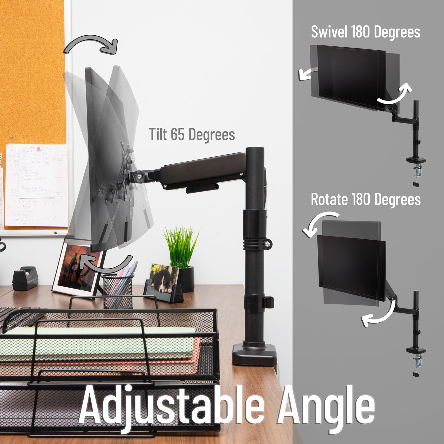 Mind Reader Single Monitor Arm for 13–32 Inch Screens, Gas Spring VESA Desk Mount, 180° Rotation, ±180° Swivel, ±65° Tilt, Integrated Cable Management, Holds up to 19.8 lbs, Black