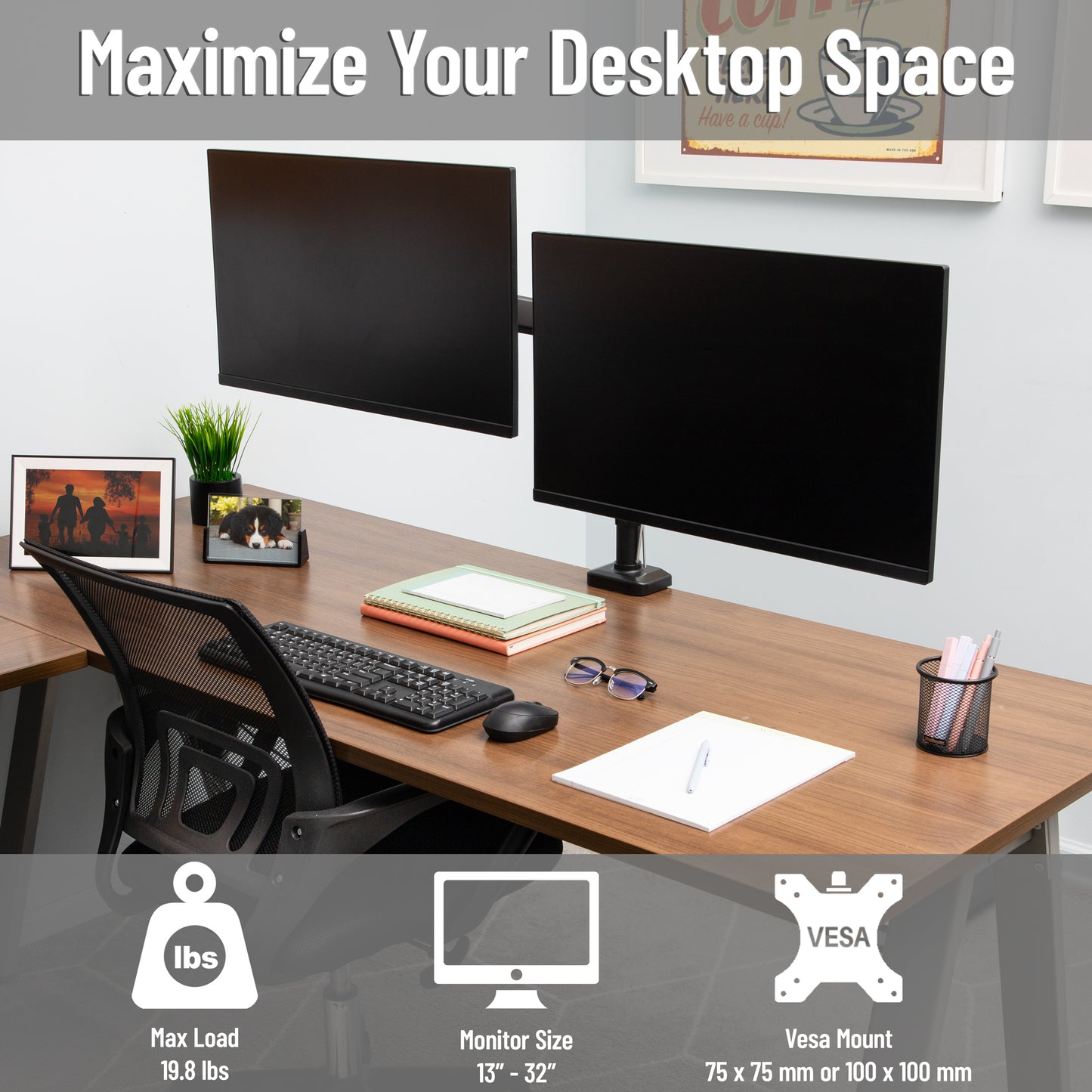 Mind Reader Dual Monitor Arm for 13–32 Inch Screens, Gas Spring VESA Desk Mount, ±180° Rotation, ±65° Tilt, ±180° Swivel, Holds up to 19.8 lbs Each,  Integrated Cable Management, Black