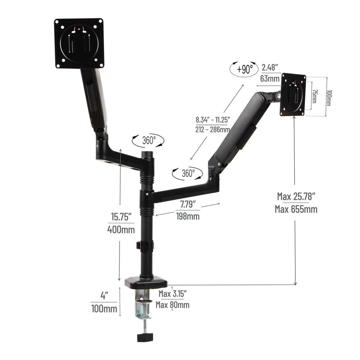 Mind Reader Dual Monitor Arm for 13–32 Inch Screens, Gas Spring VESA Desk Mount, ±180° Rotation, ±65° Tilt, ±180° Swivel, Holds up to 19.8 lbs Each,  Integrated Cable Management, Black