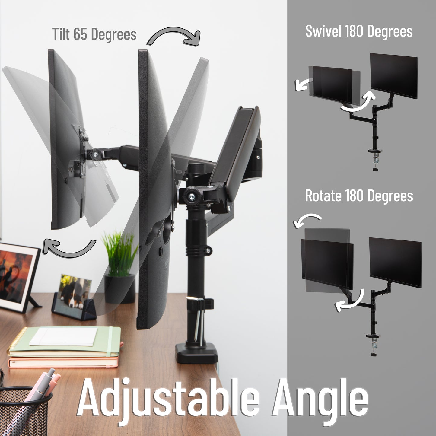 Mind Reader Dual Monitor Arm for 13–32 Inch Screens, Gas Spring VESA Desk Mount, ±180° Rotation, ±65° Tilt, ±180° Swivel, Holds up to 19.8 lbs Each,  Integrated Cable Management, Black