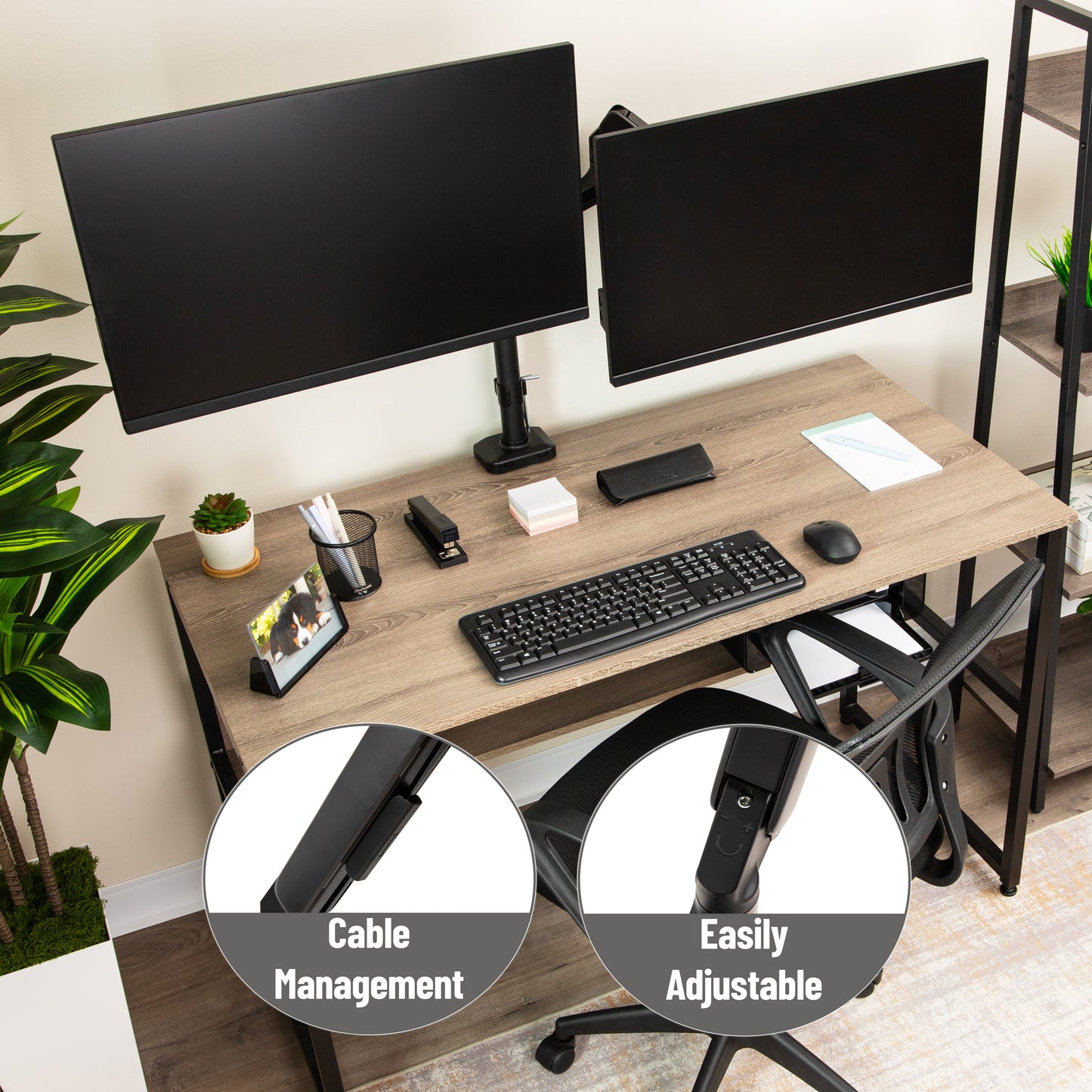 Mind Reader Dual Monitor Arm for 13–32 Inch Screens, Gas Spring VESA Desk Mount, ±180° Rotation, ±65° Tilt, ±180° Swivel, Holds up to 19.8 lbs Each,  Integrated Cable Management, Black