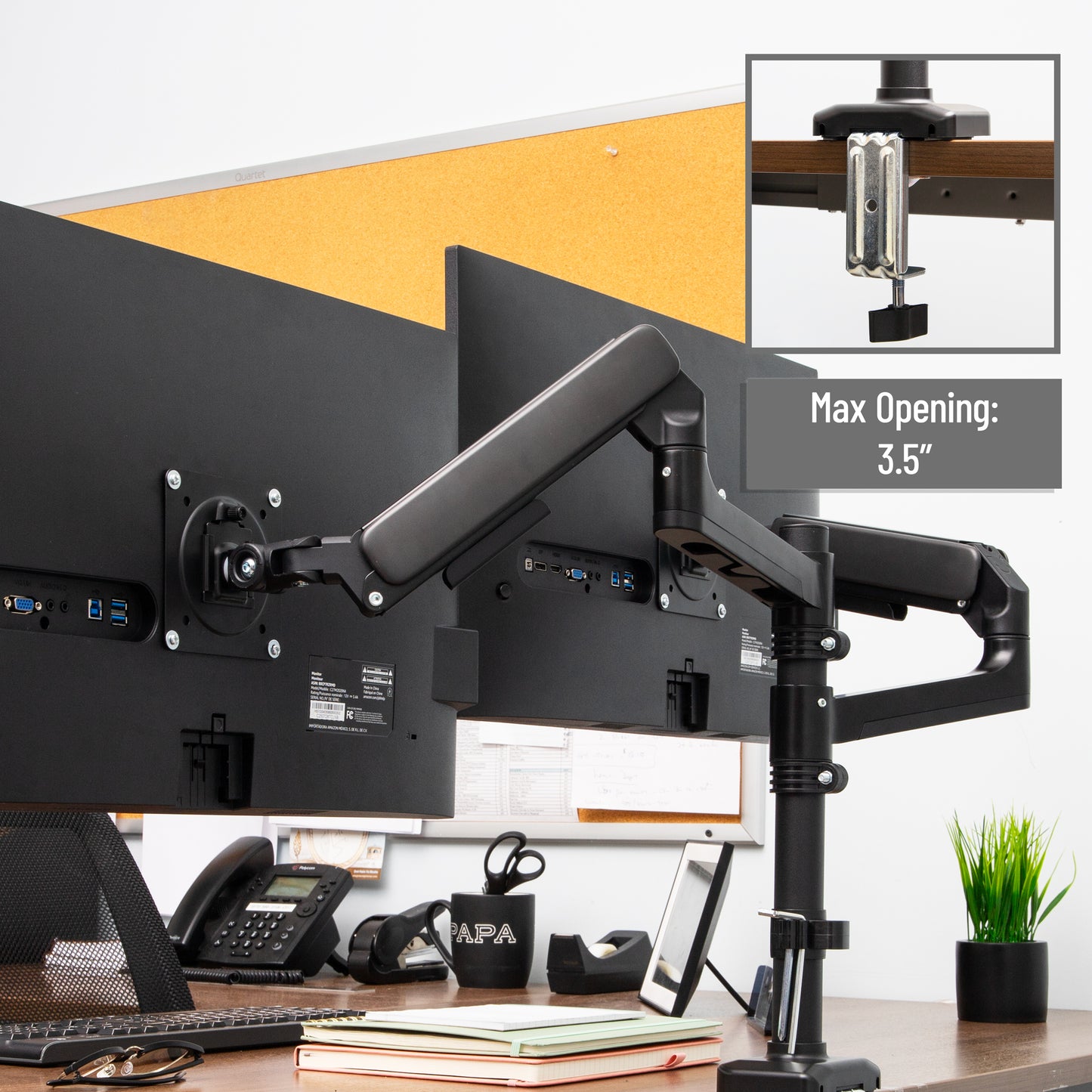 Mind Reader Dual Monitor Arm for 13–32 Inch Screens, Gas Spring VESA Desk Mount, ±180° Rotation, ±65° Tilt, ±180° Swivel, Holds up to 19.8 lbs Each,  Integrated Cable Management, Black