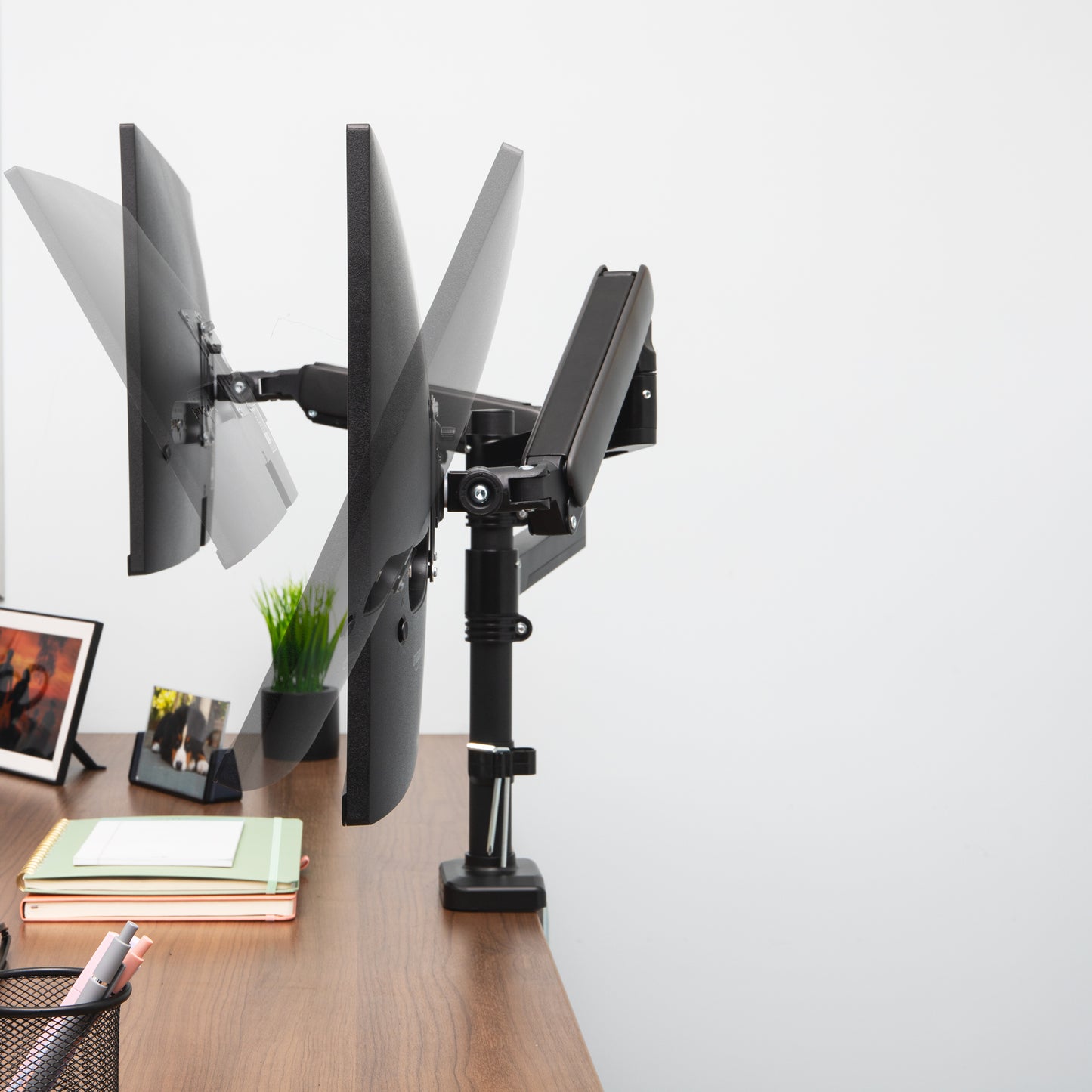 Mind Reader Dual Monitor Arm for 13–32 Inch Screens, Gas Spring VESA Desk Mount, ±180° Rotation, ±65° Tilt, ±180° Swivel, Holds up to 19.8 lbs Each,  Integrated Cable Management, Black