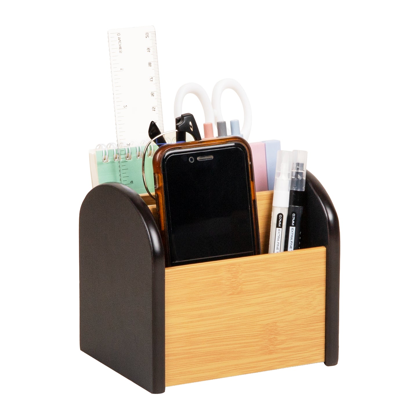 Mind Reader Desktop Organizer with 4 Compartments, Natural Wood and Matte Finish Sides, Compact Desk Storage, Wood