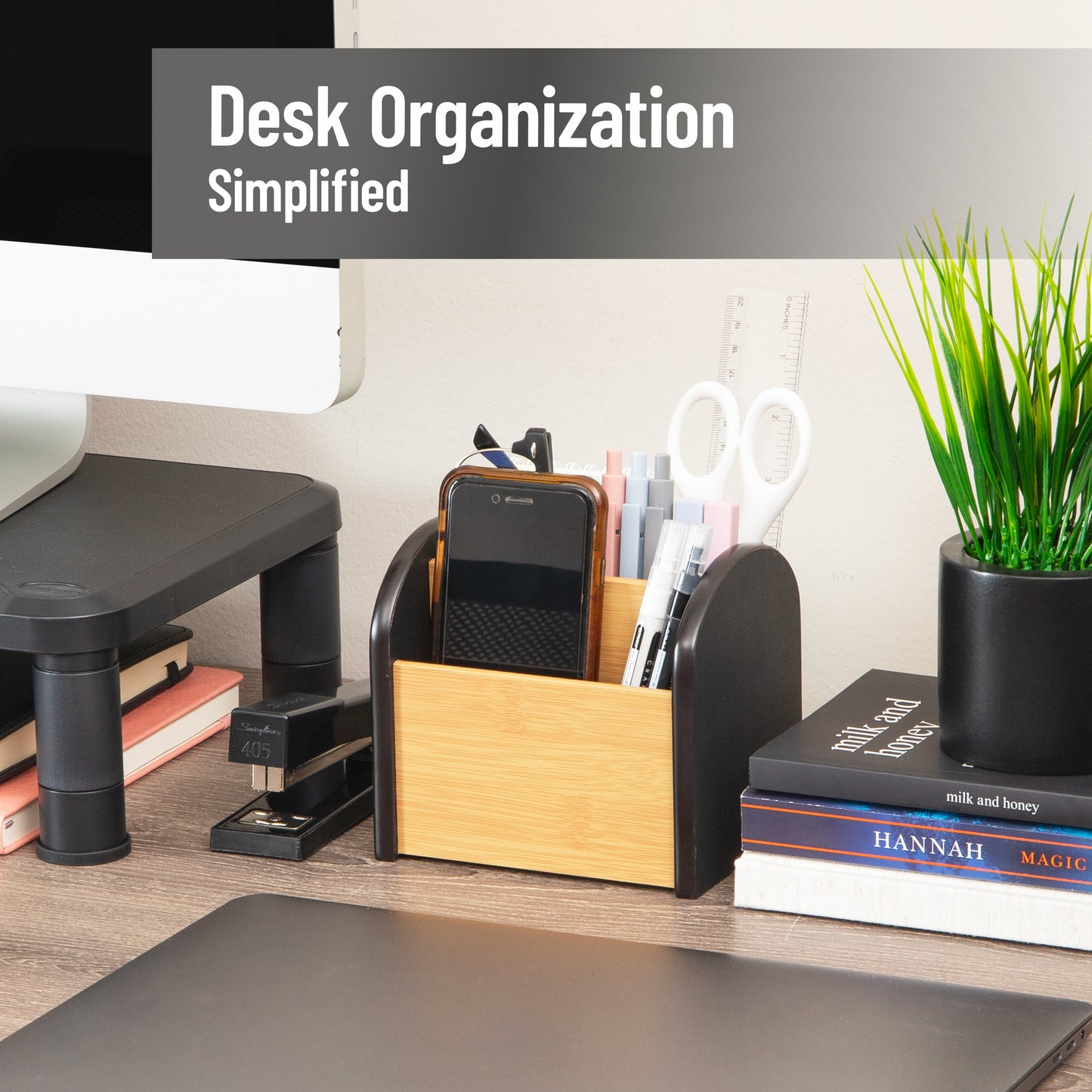 Mind Reader Desktop Organizer with 4 Compartments, Natural Wood and Matte Finish Sides, Compact Desk Storage, Wood