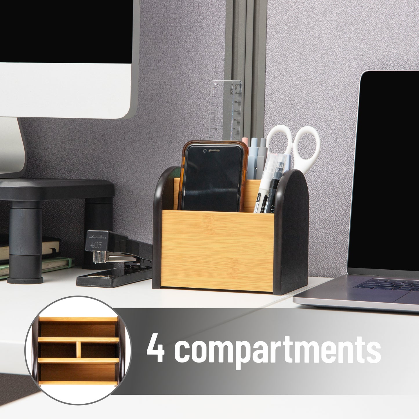 Mind Reader Desktop Organizer with 4 Compartments, Natural Wood and Matte Finish Sides, Compact Desk Storage, Wood