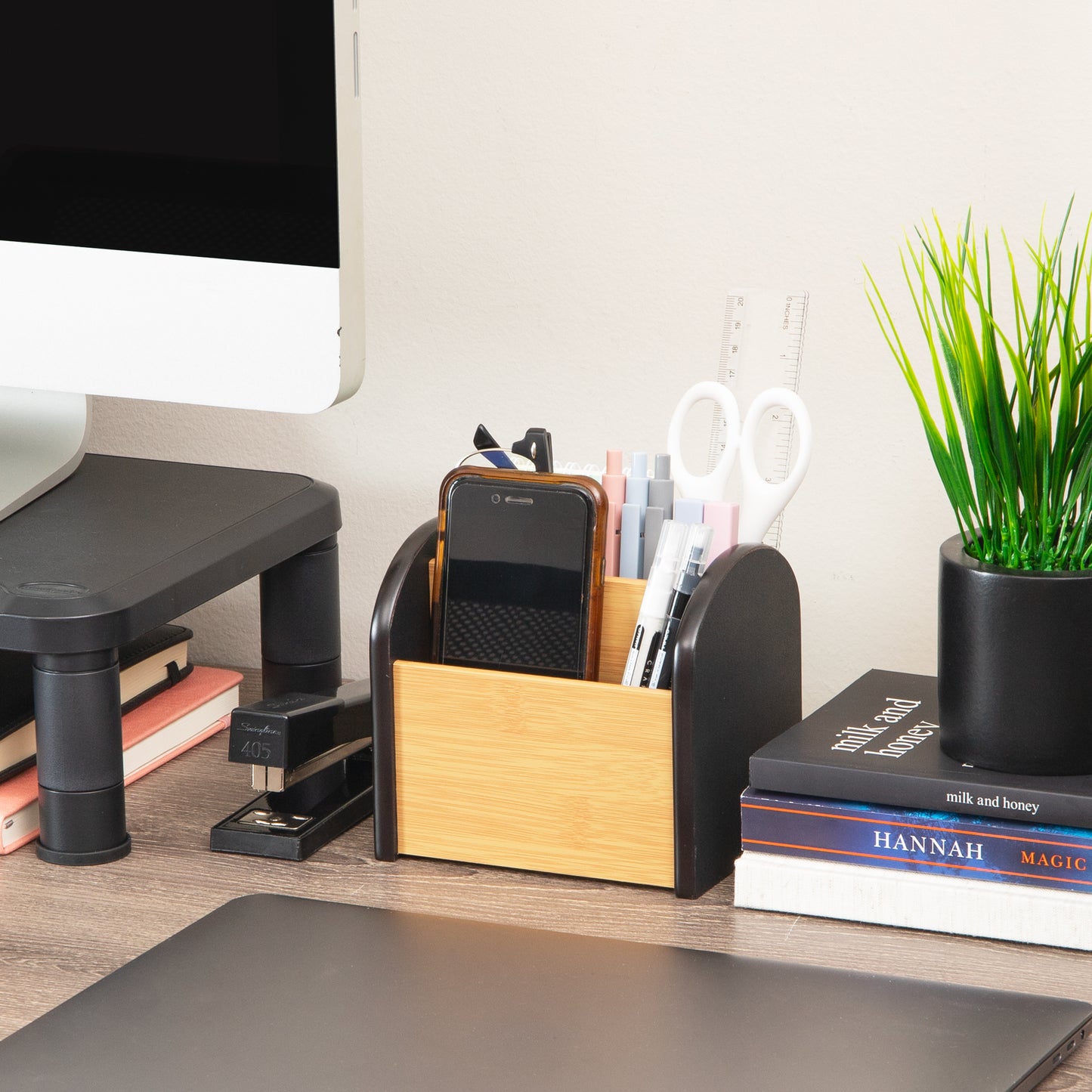 Mind Reader Desktop Organizer with 4 Compartments, Natural Wood and Matte Finish Sides, Compact Desk Storage, Wood