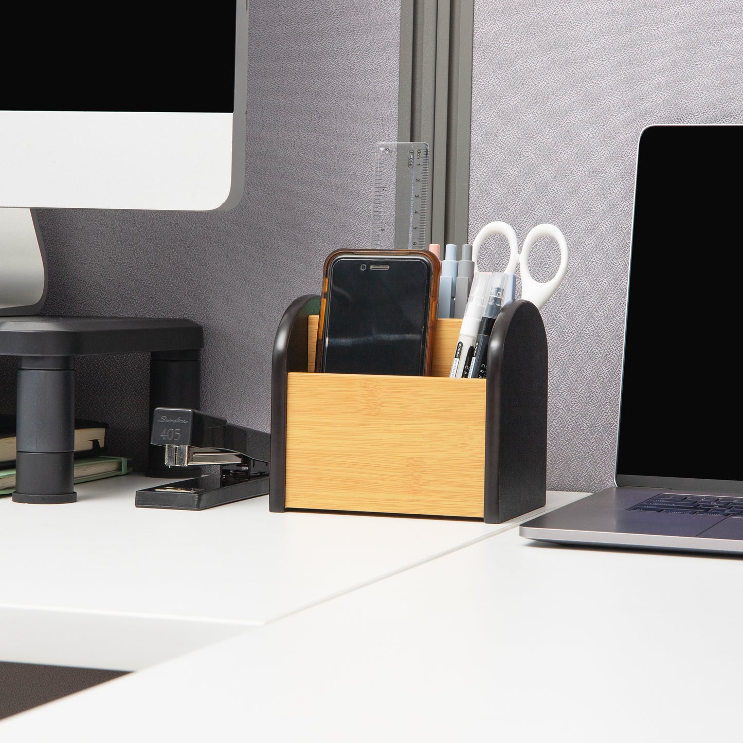 Mind Reader Desktop Organizer with 4 Compartments, Natural Wood and Matte Finish Sides, Compact Desk Storage, Wood