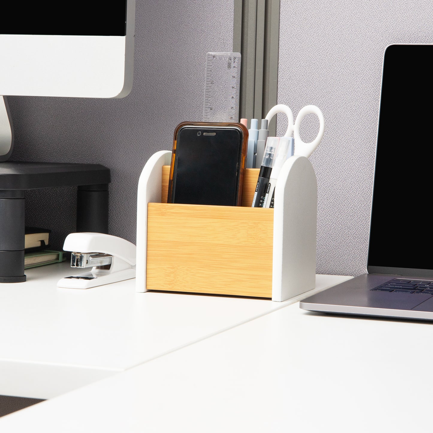 Mind Reader Desktop Organizer with 4 Compartments, Natural Wood and Matte Finish Sides, Compact Desk Storage, Wood