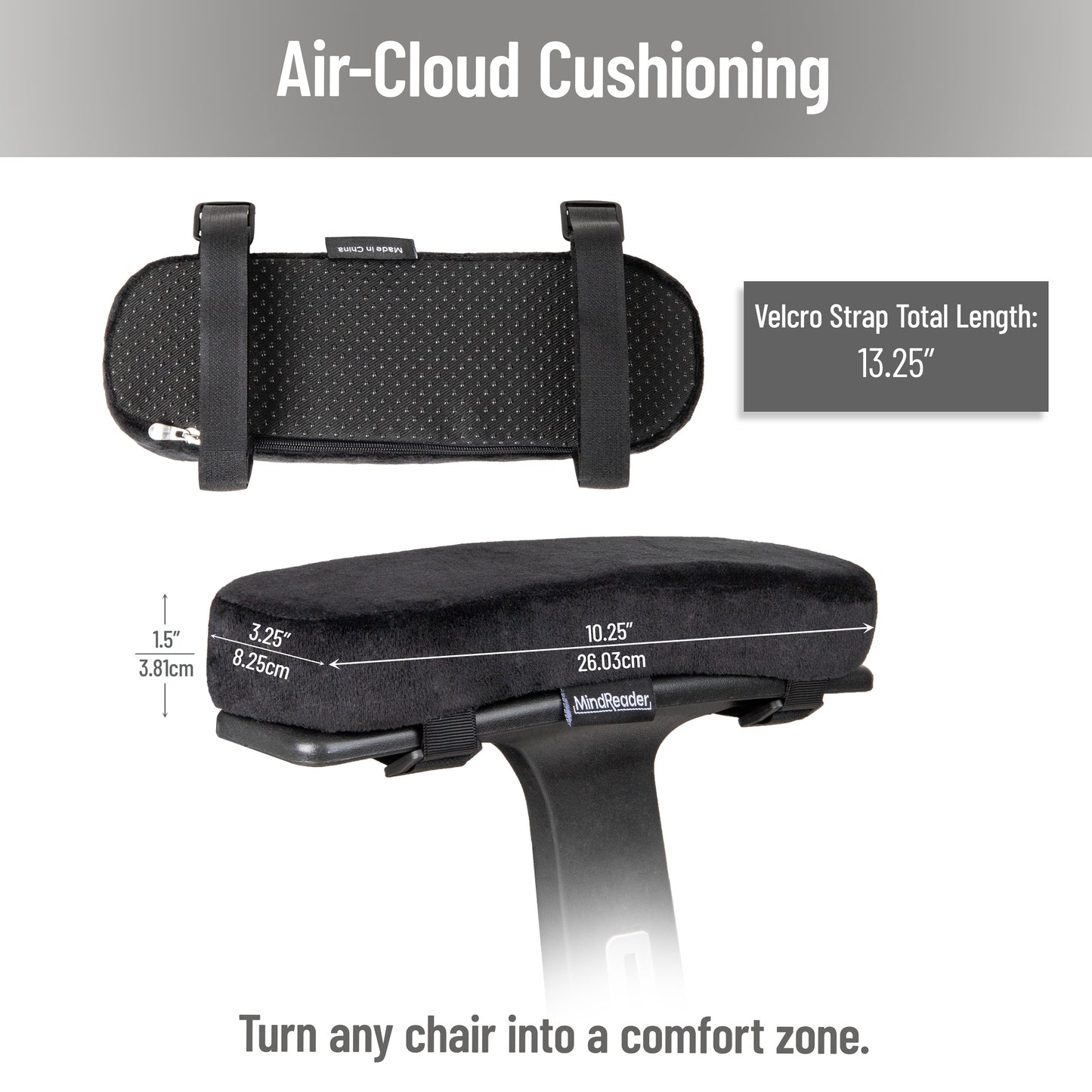 Mind Reader Air-Cloud Memory Foam Armrest Pads, Office & Gaming Chair Arm Rests, Elbow Support with Washable Cover, Black