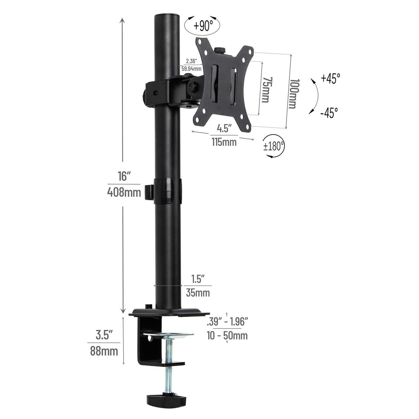 Mind Reader Single Monitor Desk Mount for 13"-32" Screens, VESA 75x75/100x100, 180° Rotation, ±90° Swivel, ±45° Tilt, 17.6 lb Load Capacity, Cable Management, Quick Release, Black