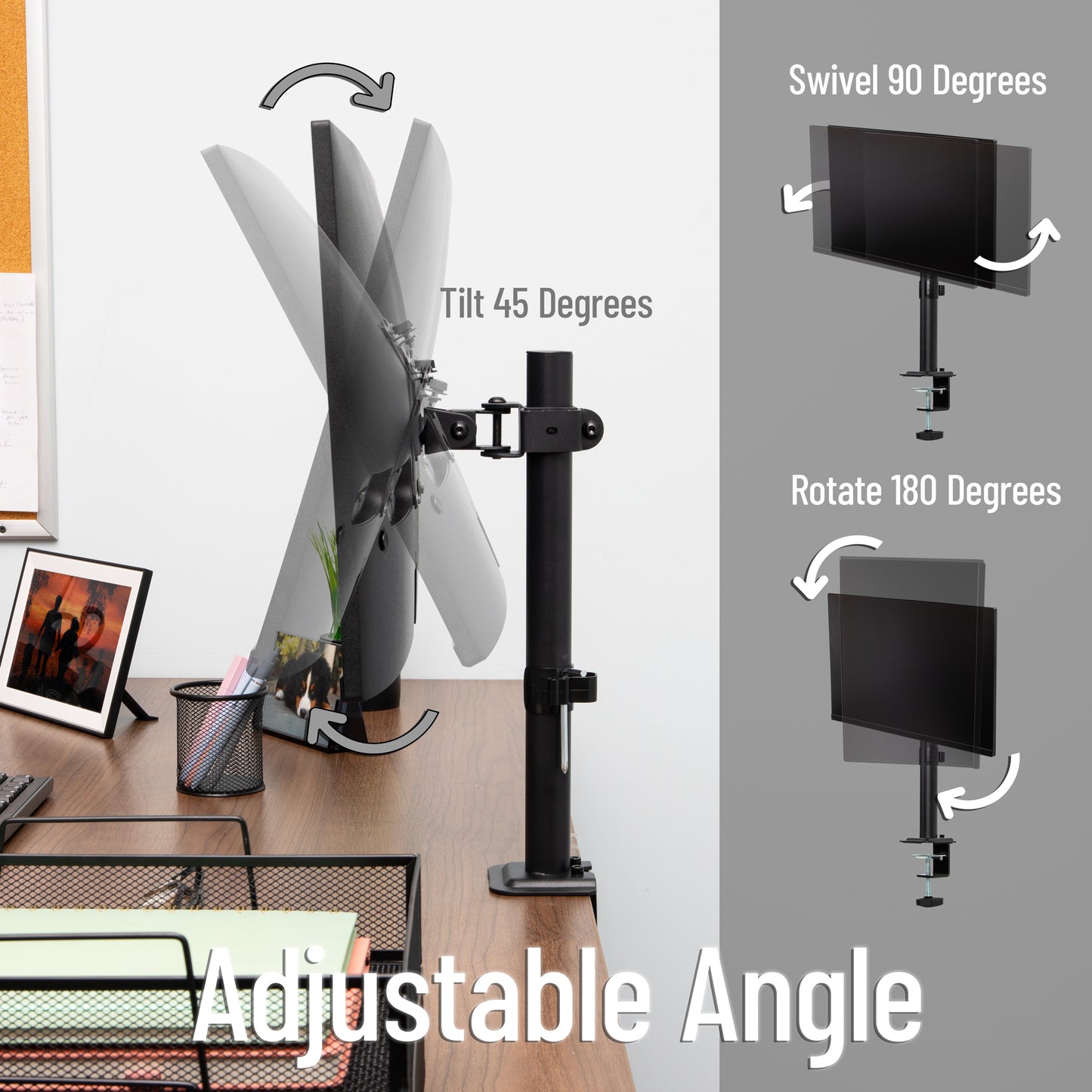 Mind Reader Single Monitor Desk Mount for 13"-32" Screens, VESA 75x75/100x100, 180° Rotation, ±90° Swivel, ±45° Tilt, 17.6 lb Load Capacity, Cable Management, Quick Release, Black