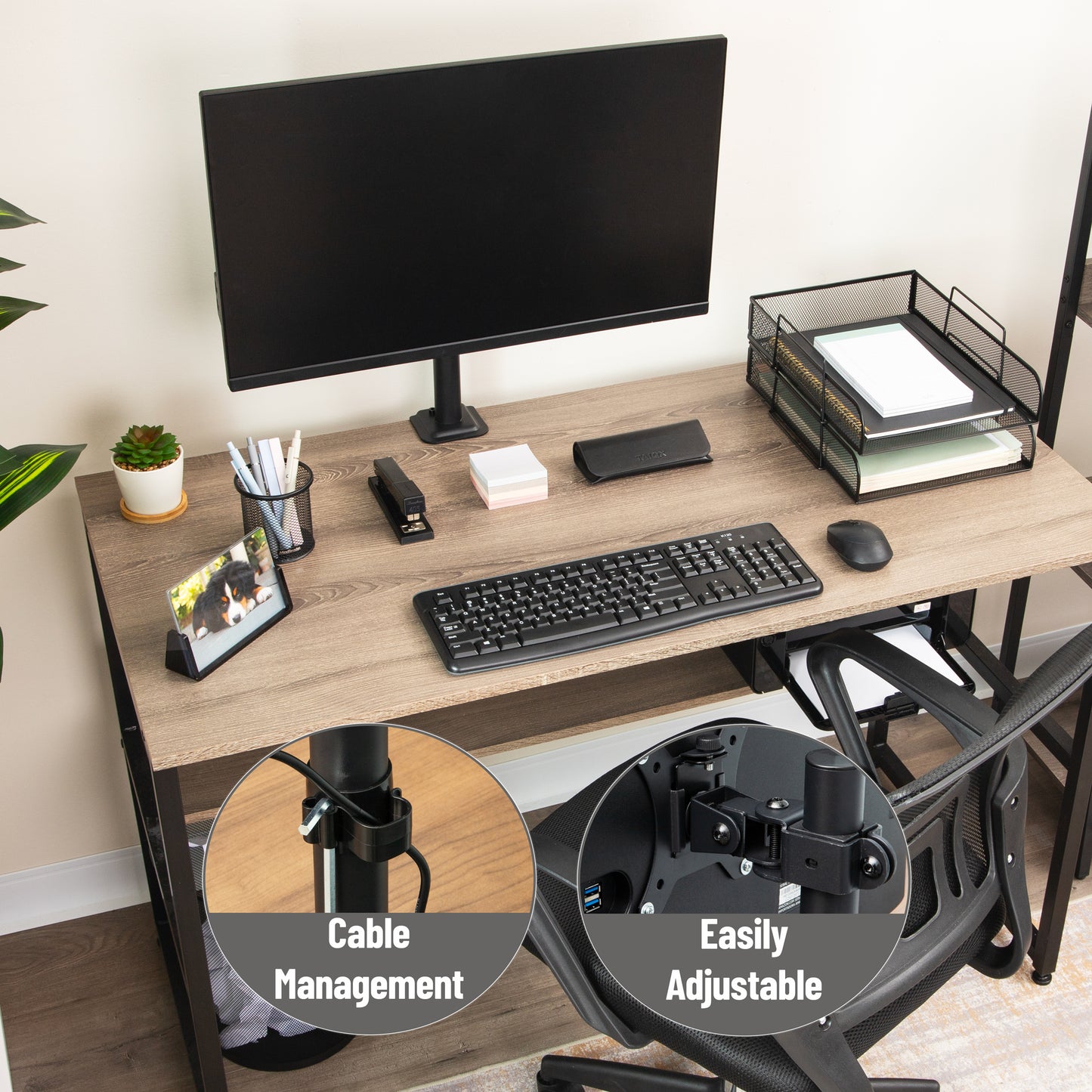 Mind Reader Single Monitor Desk Mount for 13"-32" Screens, VESA 75x75/100x100, 180° Rotation, ±90° Swivel, ±45° Tilt, 17.6 lb Load Capacity, Cable Management, Quick Release, Black