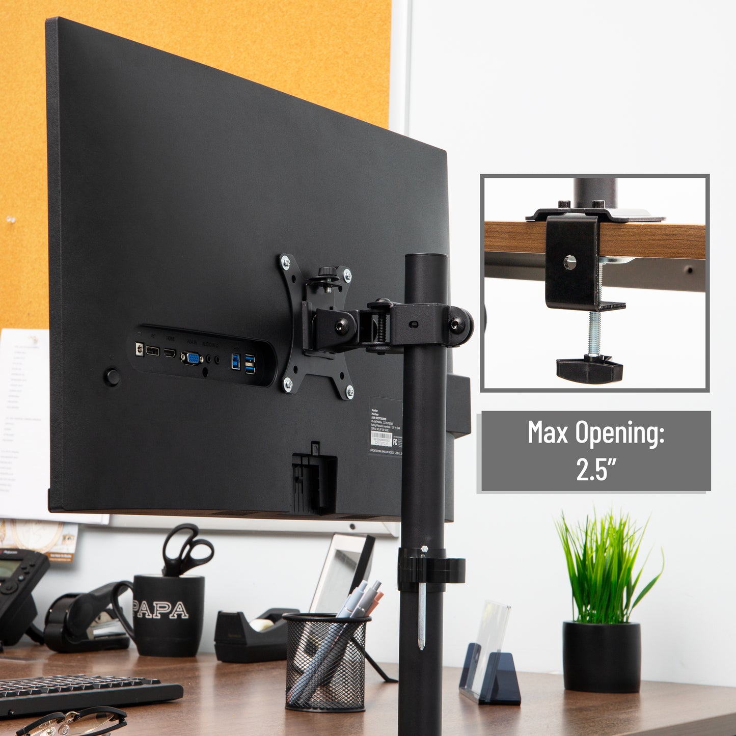 Mind Reader Single Monitor Desk Mount for 13"-32" Screens, VESA 75x75/100x100, 180° Rotation, ±90° Swivel, ±45° Tilt, 17.6 lb Load Capacity, Cable Management, Quick Release, Black
