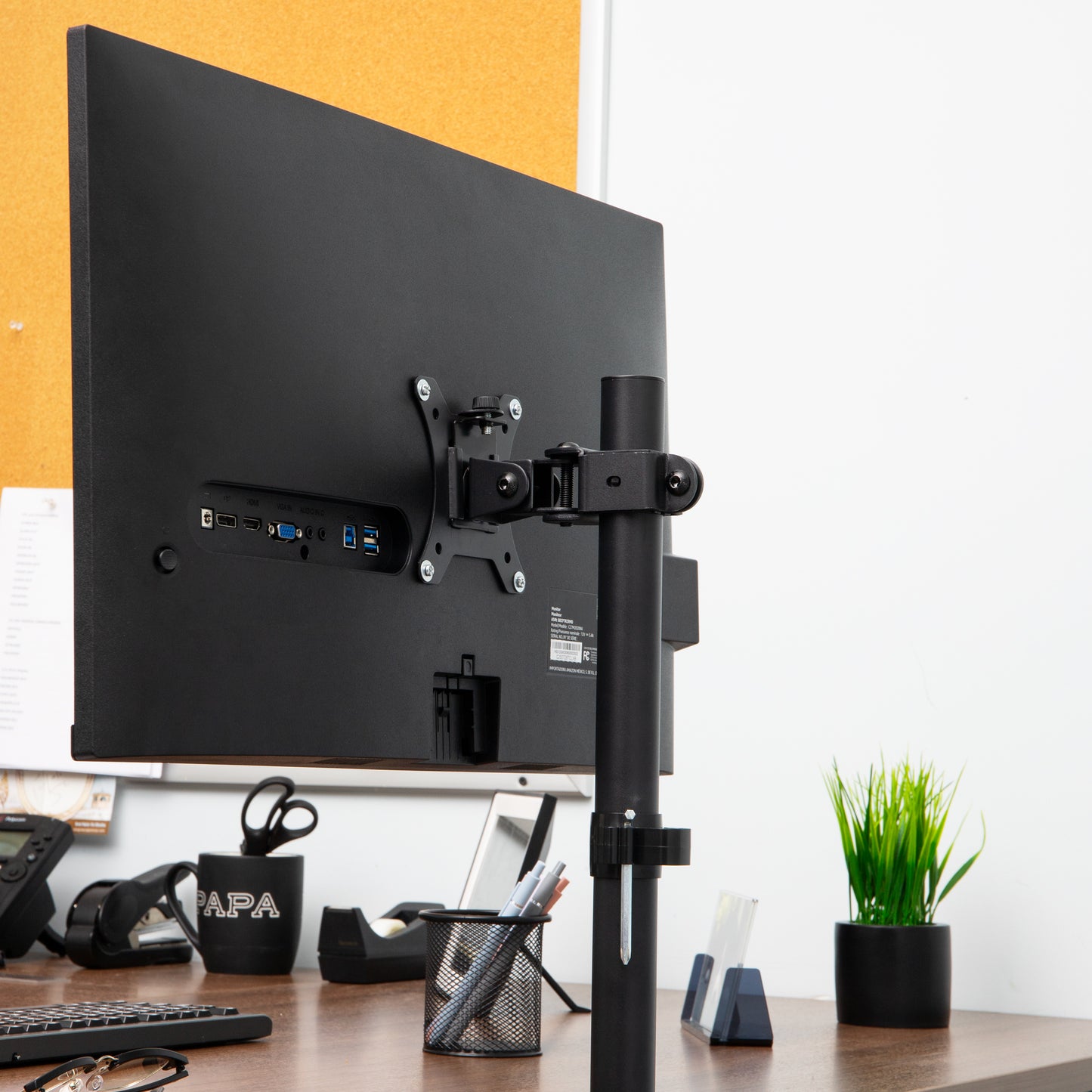 Mind Reader Single Monitor Desk Mount for 13"-32" Screens, VESA 75x75/100x100, 180° Rotation, ±90° Swivel, ±45° Tilt, 17.6 lb Load Capacity, Cable Management, Quick Release, Black