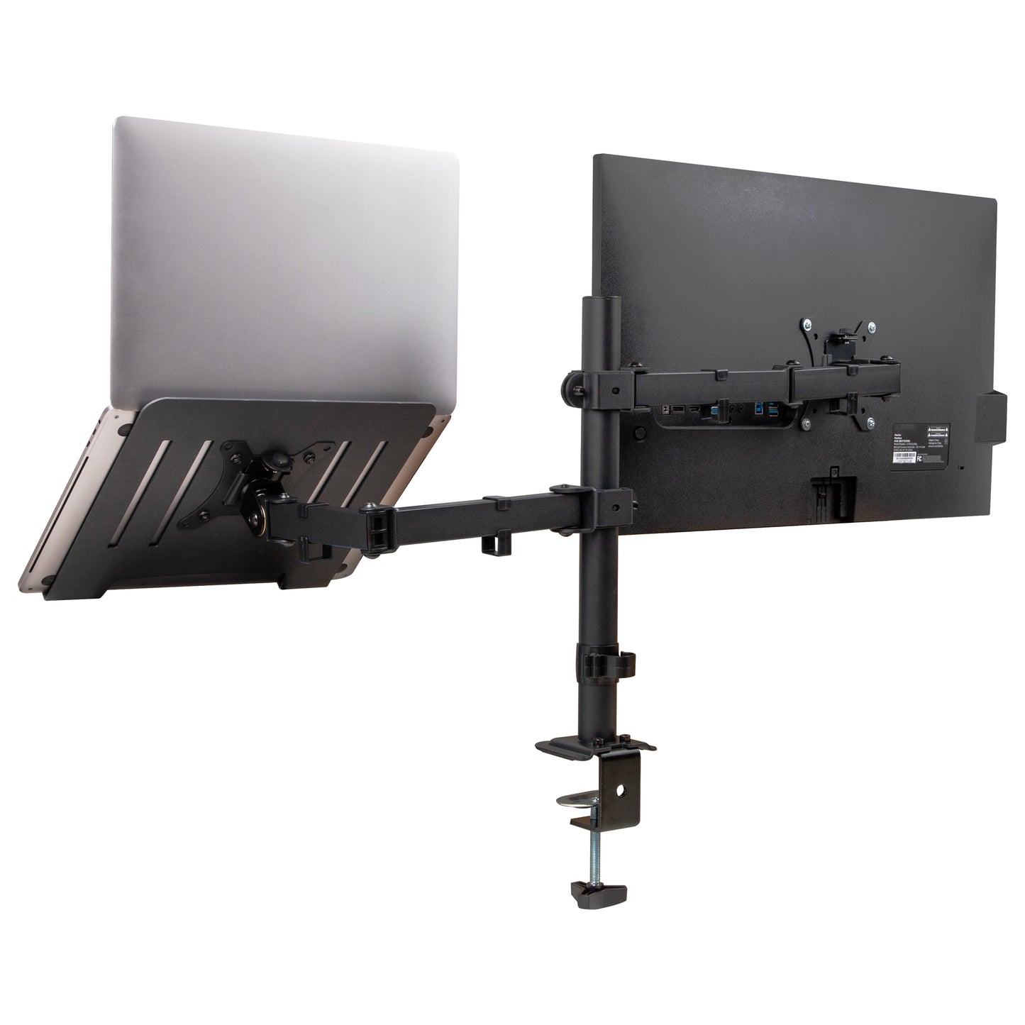 Mind Reader Dual Arm Monitor and Laptop Desk Mount, Adjustable Stand for 17"–32" Screens, VESA 75x75/100x100, 180° Rotation, ±90° Swivel, ±90° Tilt, Black