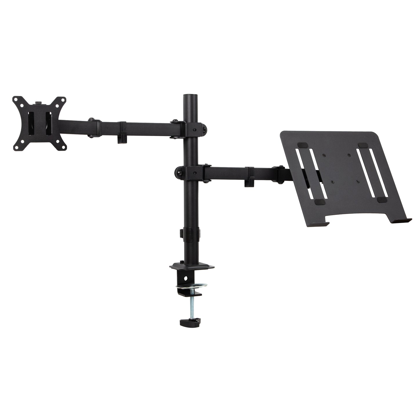 Mind Reader Dual Arm Monitor and Laptop Desk Mount, Adjustable Stand for 17"–32" Screens, VESA 75x75/100x100, 180° Rotation, ±90° Swivel, ±90° Tilt, Black