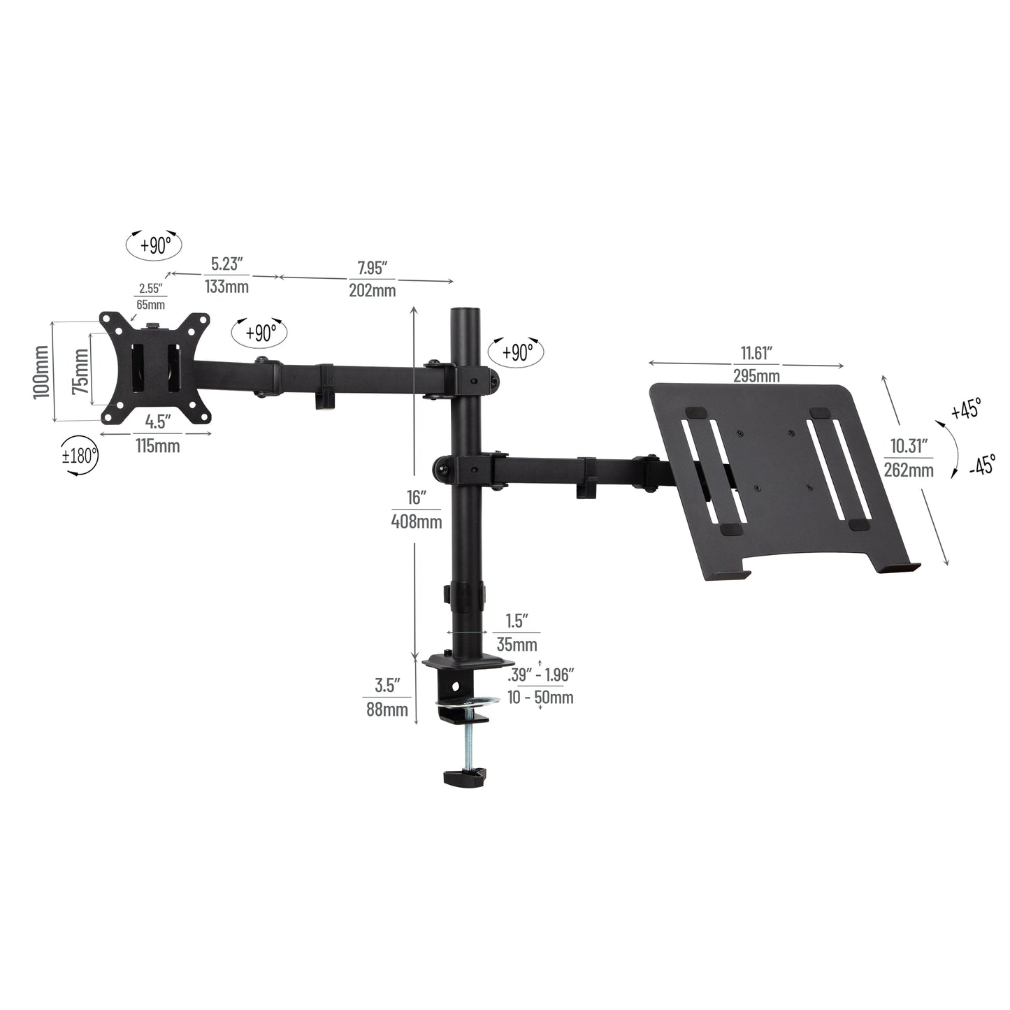 Mind Reader Dual Arm Monitor and Laptop Desk Mount, Adjustable Stand for 17"–32" Screens, VESA 75x75/100x100, 180° Rotation, ±90° Swivel, ±90° Tilt, Black