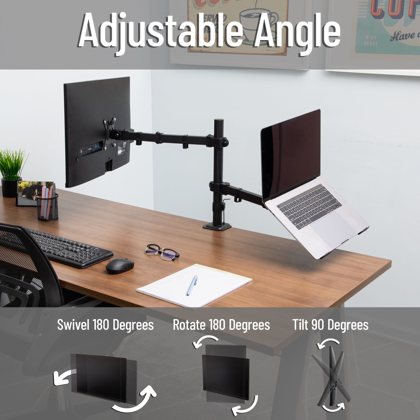 Mind Reader Dual Arm Monitor and Laptop Desk Mount, Adjustable Stand for 17"–32" Screens, VESA 75x75/100x100, 180° Rotation, ±90° Swivel, ±90° Tilt, Black