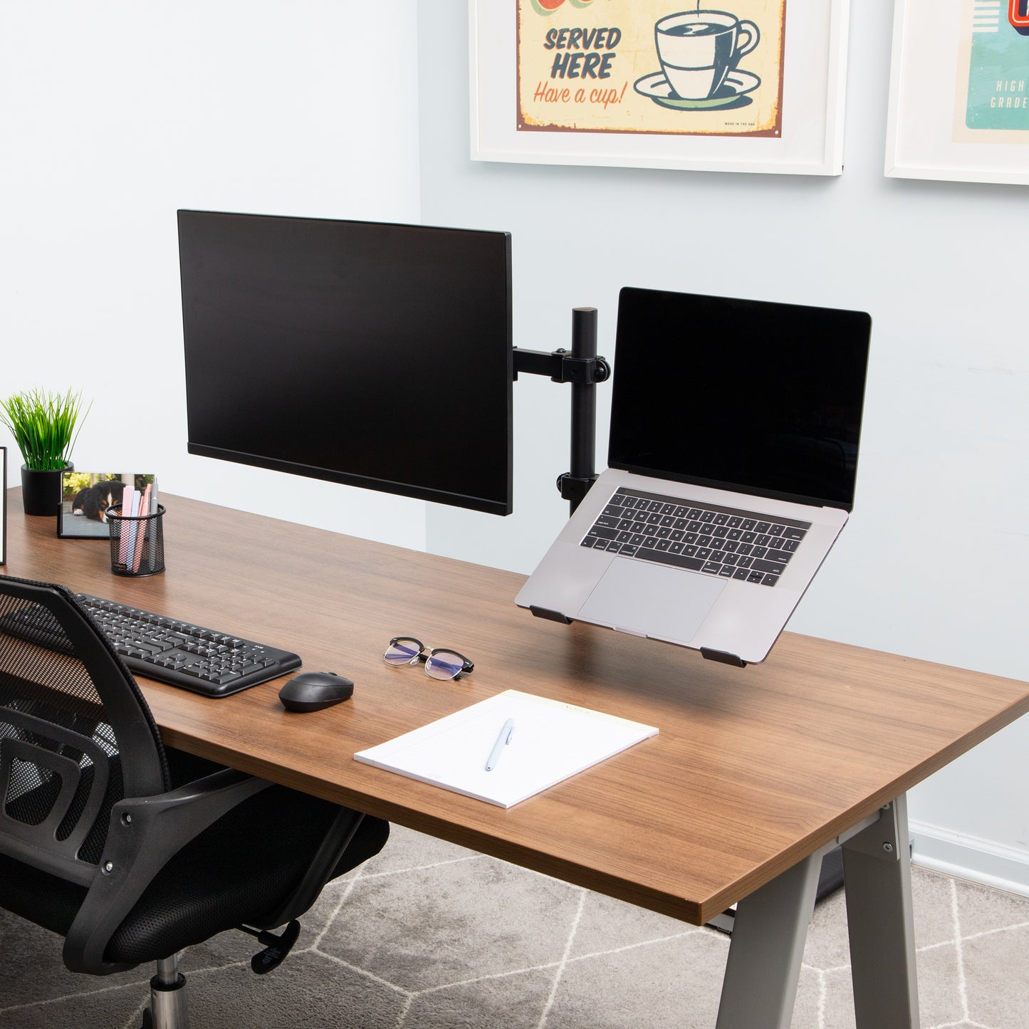 Mind Reader Dual Arm Monitor and Laptop Desk Mount, Adjustable Stand for 17"–32" Screens, VESA 75x75/100x100, 180° Rotation, ±90° Swivel, ±90° Tilt, Black