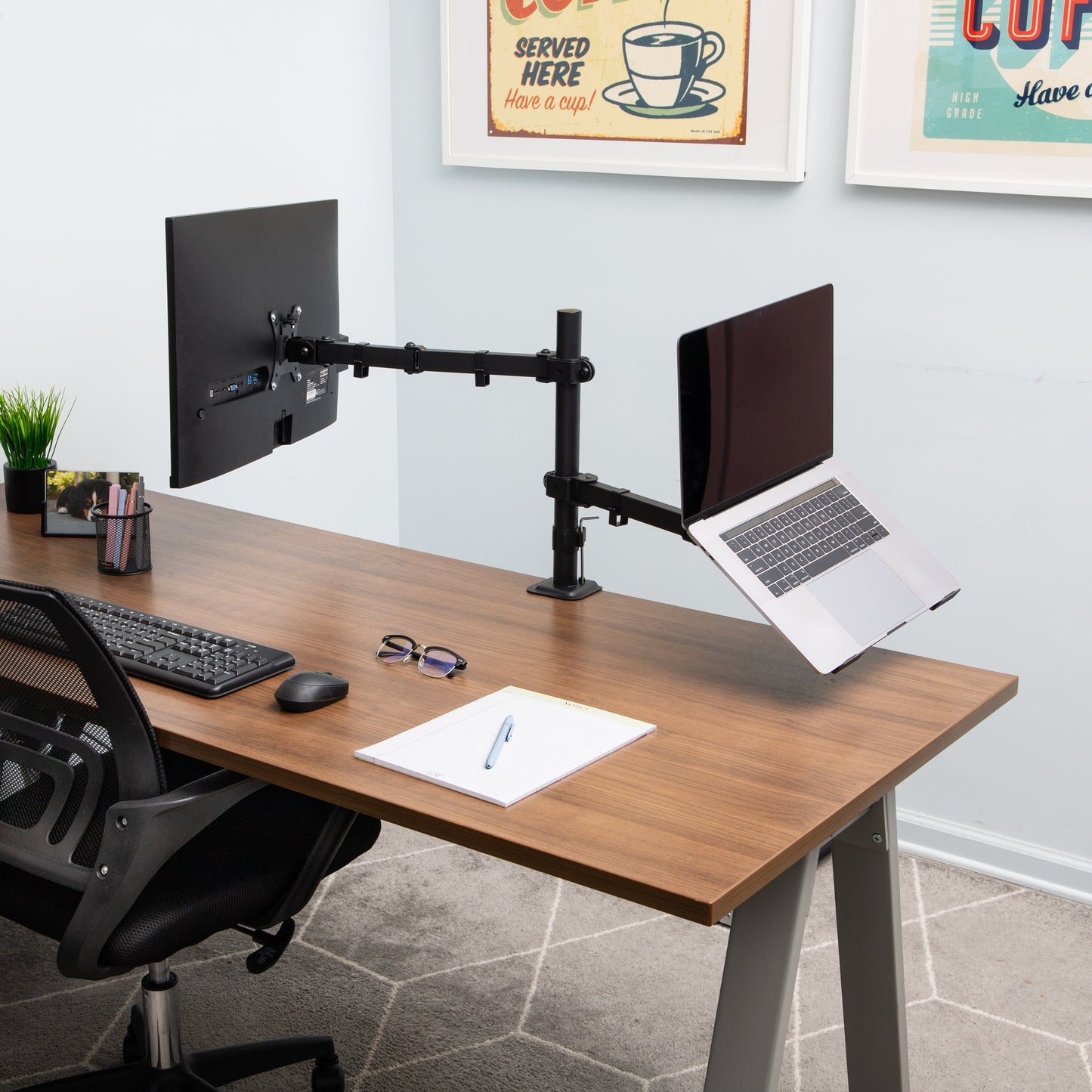 Mind Reader Dual Arm Monitor and Laptop Desk Mount, Adjustable Stand for 17"–32" Screens, VESA 75x75/100x100, 180° Rotation, ±90° Swivel, ±90° Tilt, Black