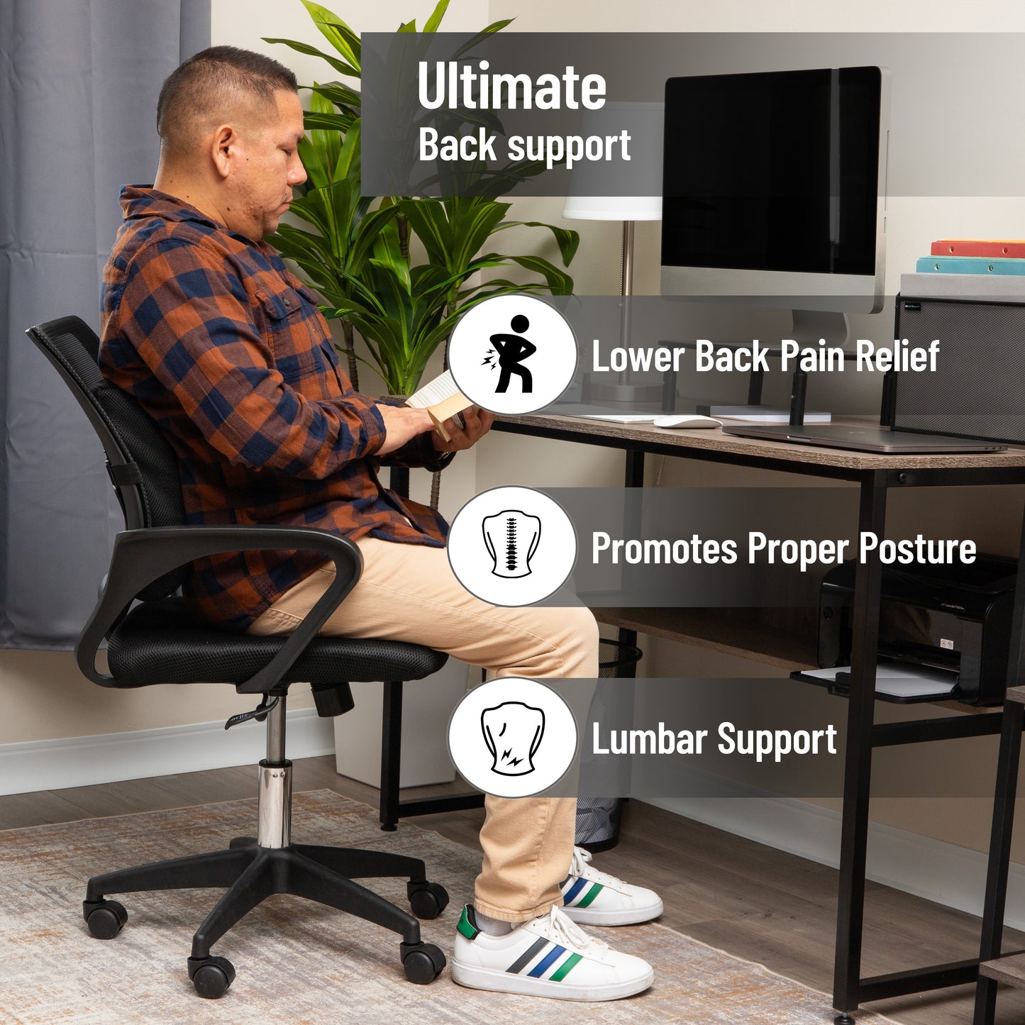 Mind Reader Lumbar Support Cushion for Office Chair and Car Seat, Memory Foam, Posture Corrector, Versatile Lower Back Cushion, 13.5"L x 4"W x 12.25"H, Black