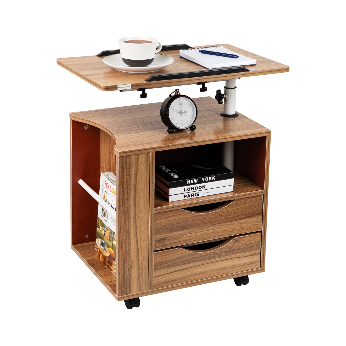 Mind Reader Woodland Collection, Bedside Workstation, Swivel Tiltable Desktop, Nightstand with 2 Drawers, 1 Shelf and Side Storage, End Table, Wood and Metal, Brown and Silver