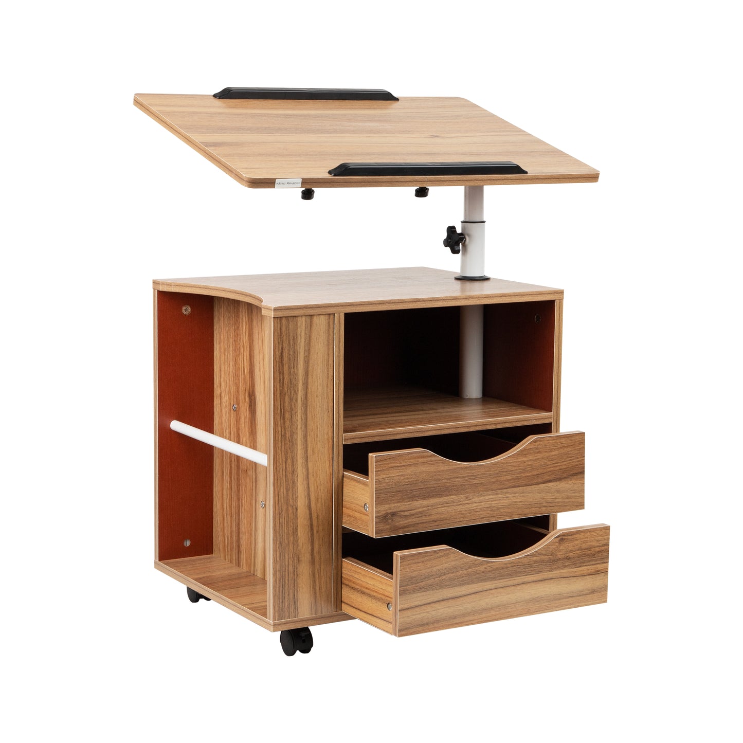 Mind Reader Woodland Collection, Bedside Workstation, Swivel Tiltable Desktop, Nightstand with 2 Drawers, 1 Shelf and Side Storage, End Table, Wood and Metal, Brown and Silver