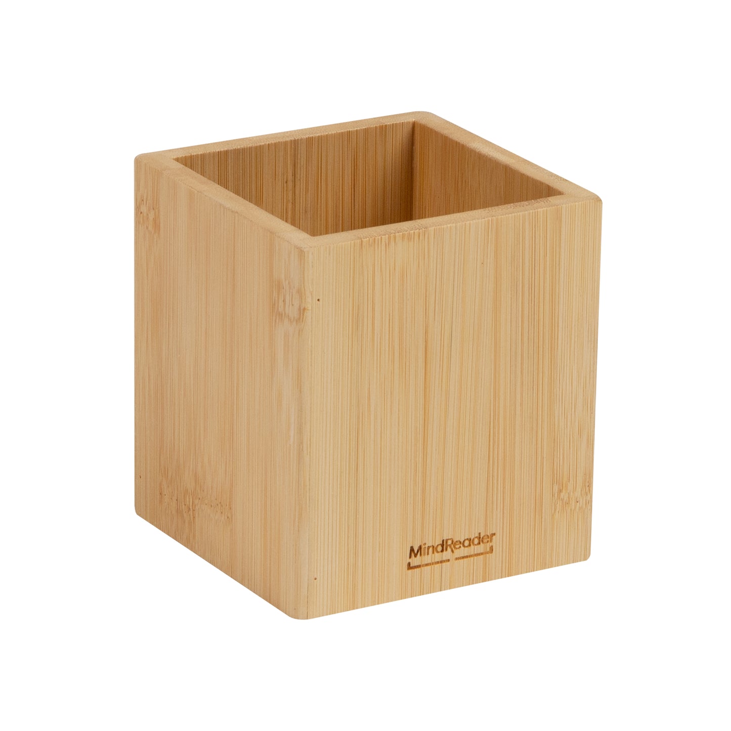 Mind Reader Pen Cup, Accessory Holder, Desktop Organization, Office, Bamboo, 3.5"L x 3.5"W x 3.875"H, Brown