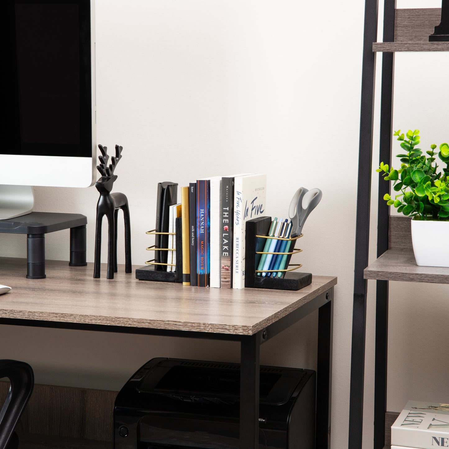 Mind Reader Decorative Basket Bookends, Office Decor with Storage, Wood and Metal, Set of 2, Black and Gold