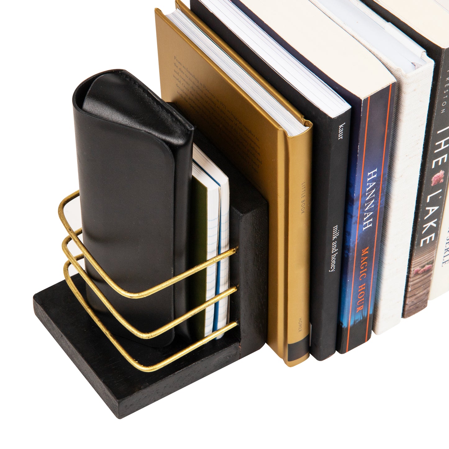 Mind Reader Decorative Basket Bookends, Office Decor with Storage, Wood and Metal, Set of 2, Black and Gold