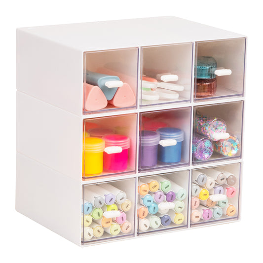 Mind Reader Modular Craft Organizer, 9 Clear Drawer Desktop Storage, Stackable Interlocking Units for Art Supplies, Office and Hobby Storage, Plastic, Set of 3, White