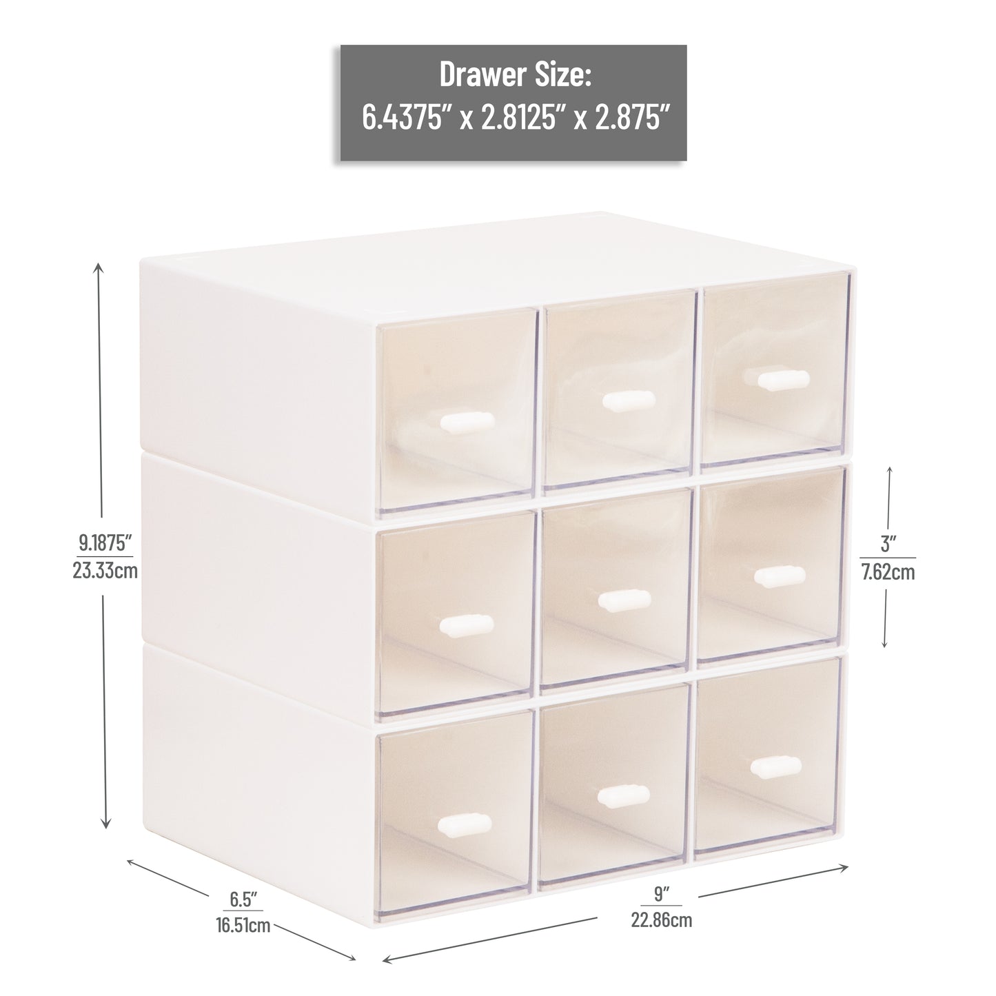 Mind Reader Modular Craft Organizer, 9 Clear Drawer Desktop Storage, Stackable Interlocking Units for Art Supplies, Office and Hobby Storage, Plastic, Set of 3, White