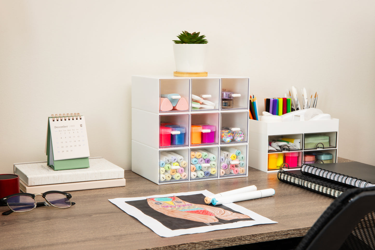 Mind Reader Modular Craft Organizer, 9 Clear Drawer Desktop Storage, Stackable Interlocking Units for Art Supplies, Office and Hobby Storage, Plastic, Set of 3, White