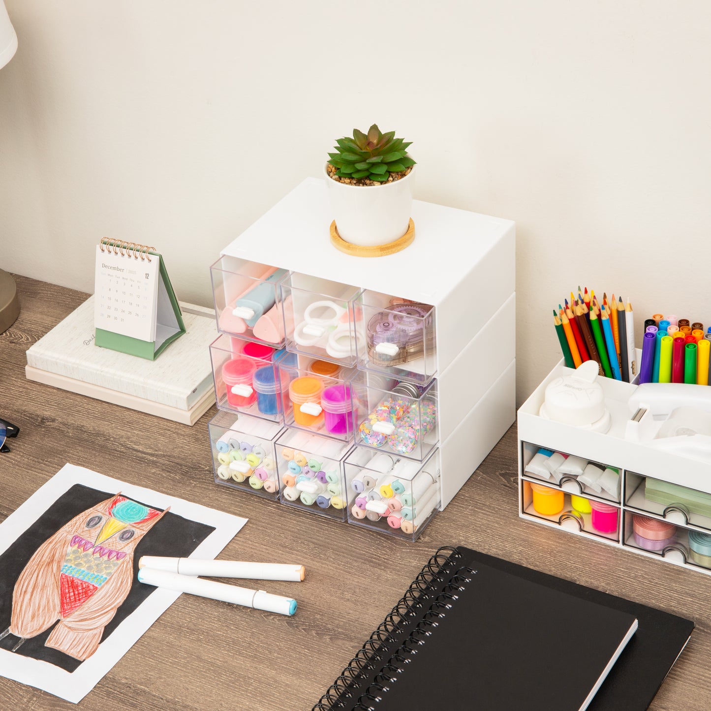 Mind Reader Modular Craft Organizer, 9 Clear Drawer Desktop Storage, Stackable Interlocking Units for Art Supplies, Office and Hobby Storage, Plastic, Set of 3, White