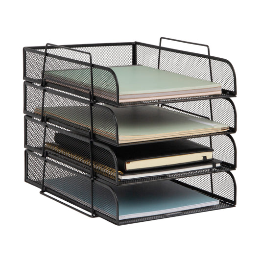 Mind Reader Stackable Paper Tray, Desktop Organizer, File Storage, Office, Metal Mesh, 10.5"L x13.5"W x11.25"H, 4 Pcs., Black