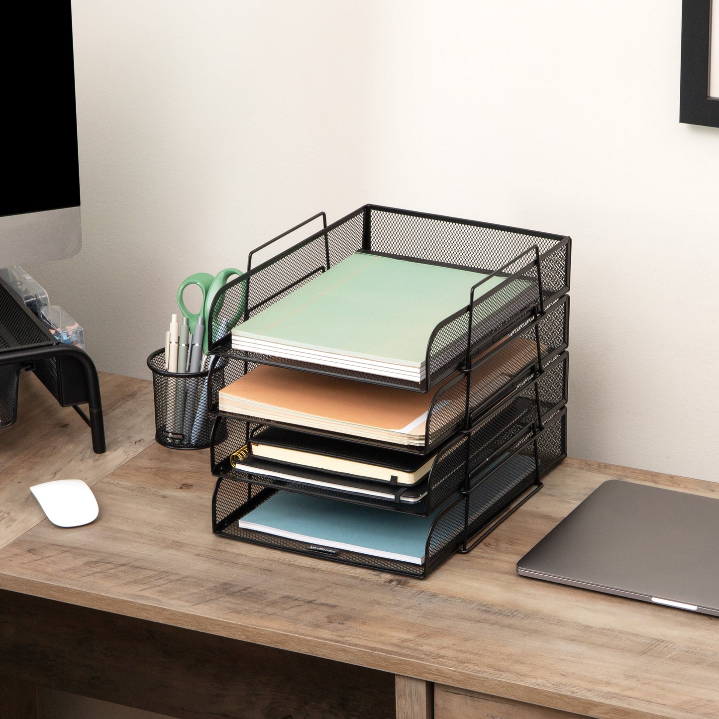 Mind Reader Stackable Paper Tray, Desktop Organizer, File Storage, Office, Metal Mesh, 10.5"L x13.5"W x11.25"H, 4 Pcs., Black