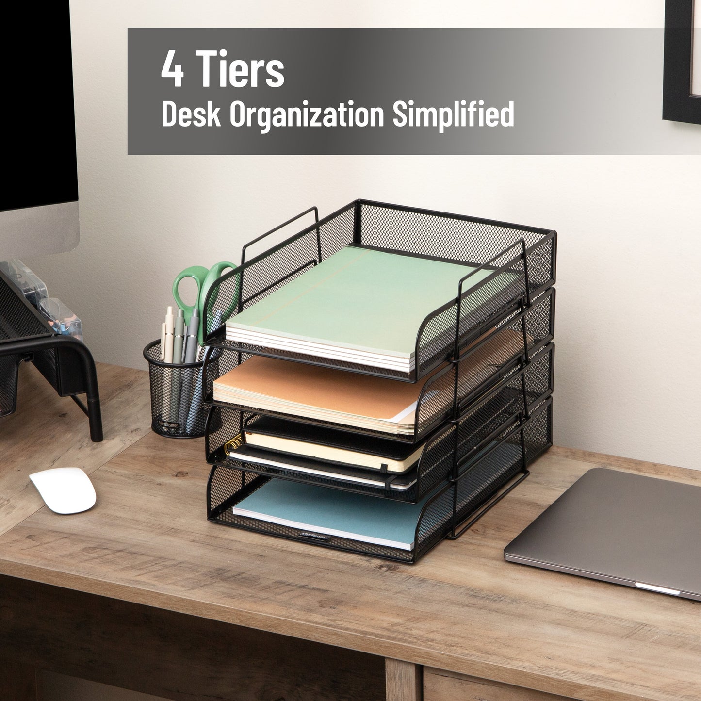 Mind Reader Stackable Paper Tray, Desktop Organizer, File Storage, Office, Metal Mesh, 10.5"L x13.5"W x11.25"H, 4 Pcs., Black