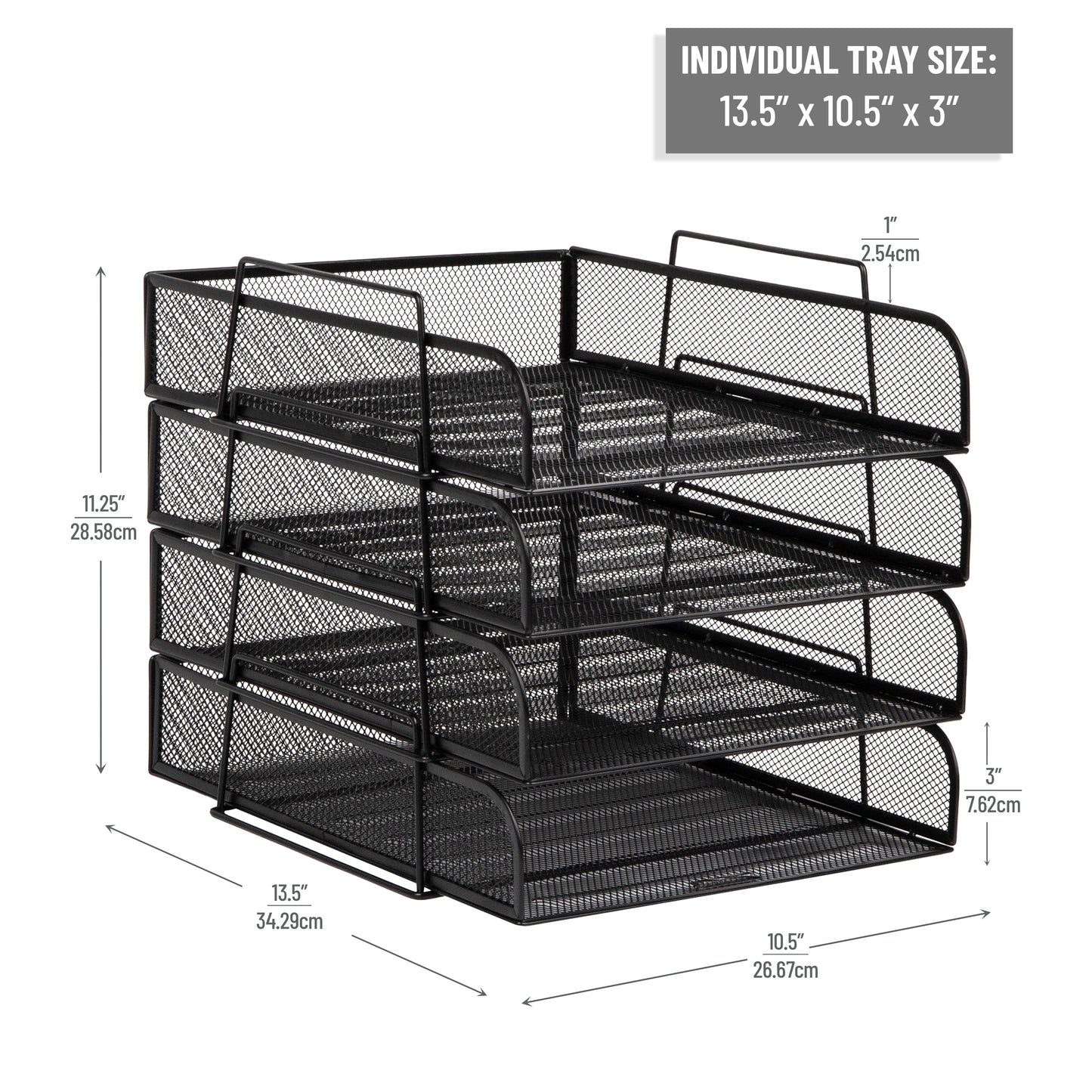 Mind Reader Stackable Paper Tray, Desktop Organizer, File Storage, Office, Metal Mesh, 10.5"L x13.5"W x11.25"H, 4 Pcs., Black