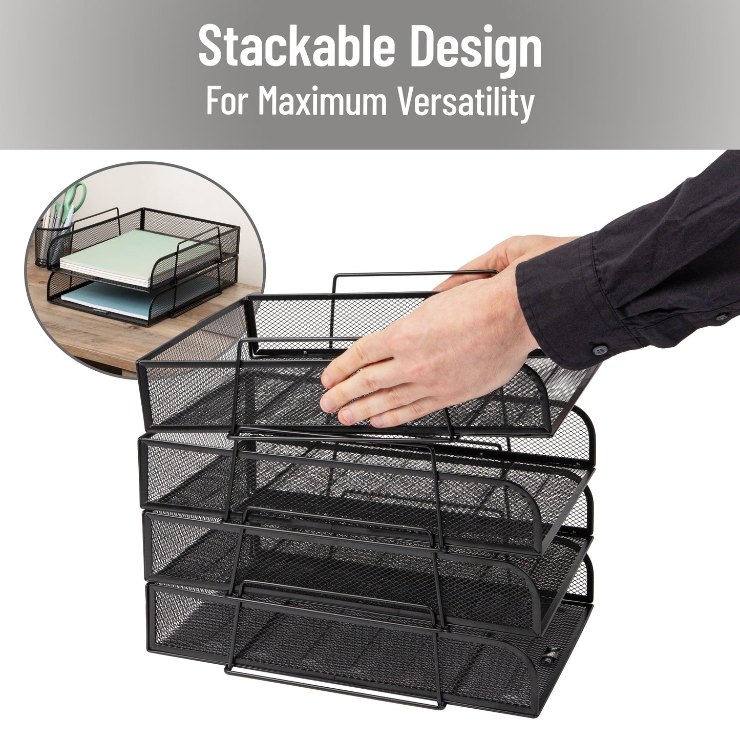 Mind Reader Stackable Paper Tray, Desktop Organizer, File Storage, Office, Metal Mesh, 10.5"L x13.5"W x11.25"H, 4 Pcs., Black